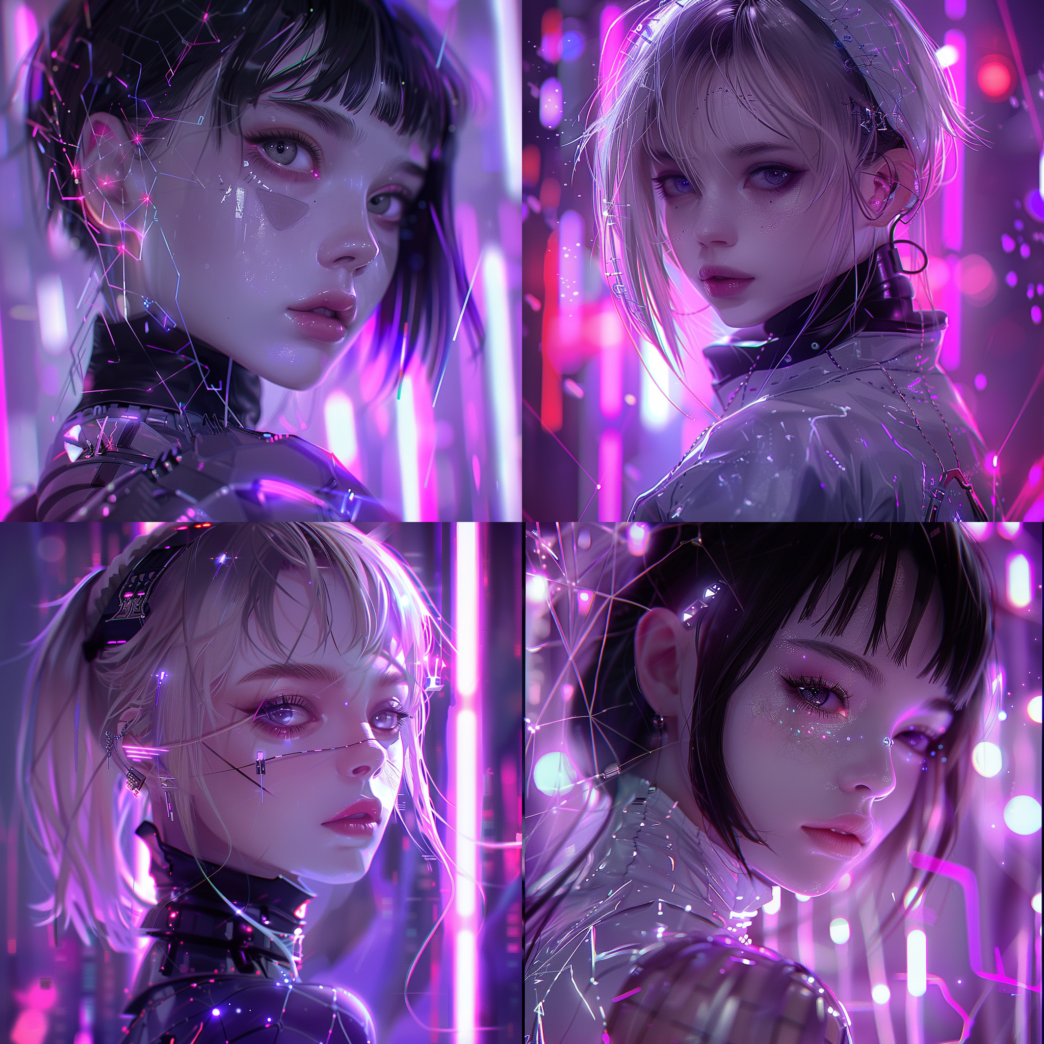 小姐姐，身材曼妙，半身像，柔和光影，赛博朋克风，紫色霓虹背景，特写镜头，眼神坚定，微张嘴唇，未来感服饰，金属质感配饰，冷暖色调对比，神秘感，动态捕捉,cg手绘