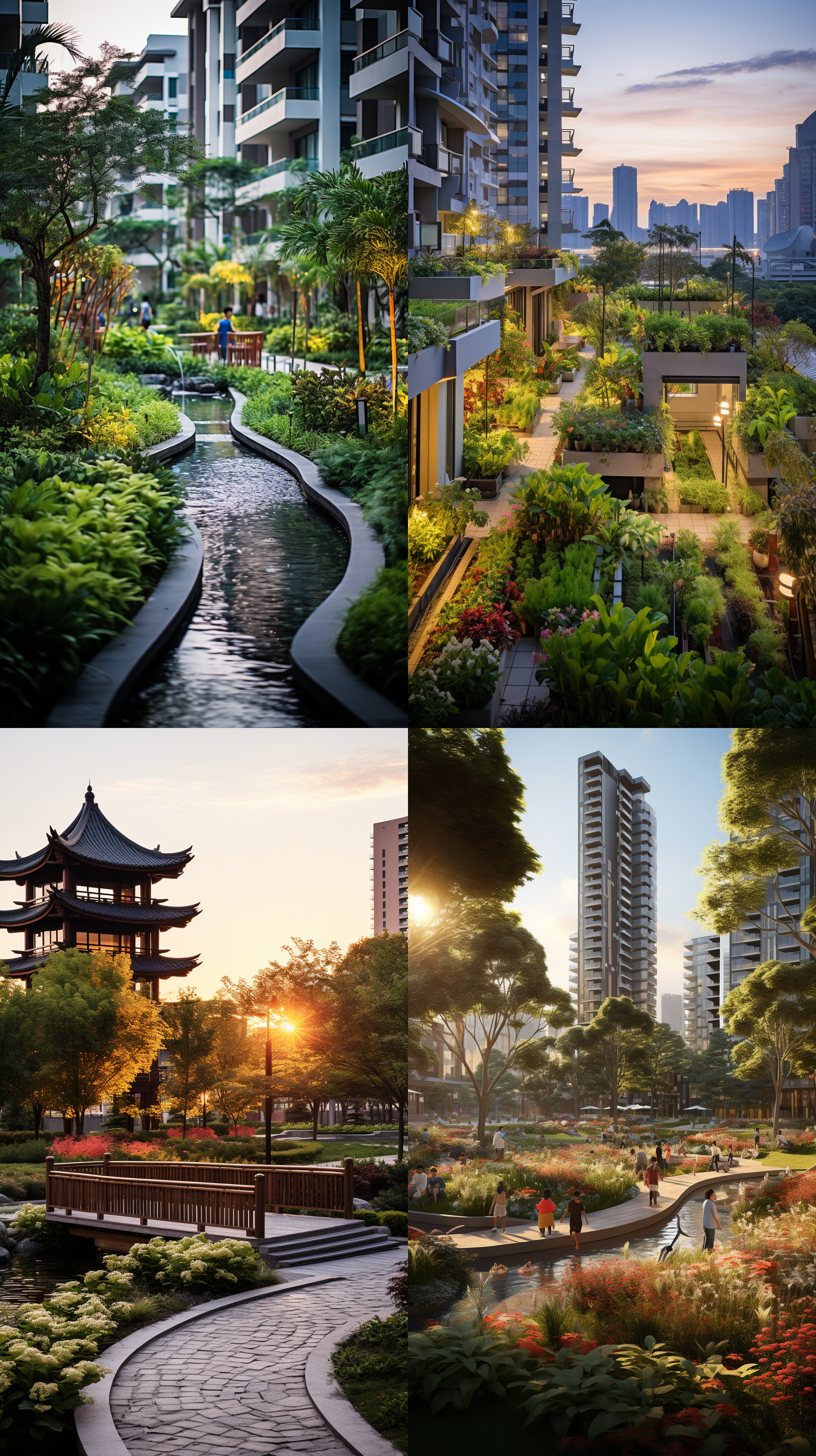 a beautiful community garden scene in a residential area with modern new asian architecture. buildings are 7-11 stories tall, surrounded by lush greenery. the community features a children's playground, a running track, and abundant landscaping. the design integrates contemporary elements with asian influences, featuring clean lines and natural materials. the atmosphere is serene and welcoming, with families enjoying the amenities and children playing.