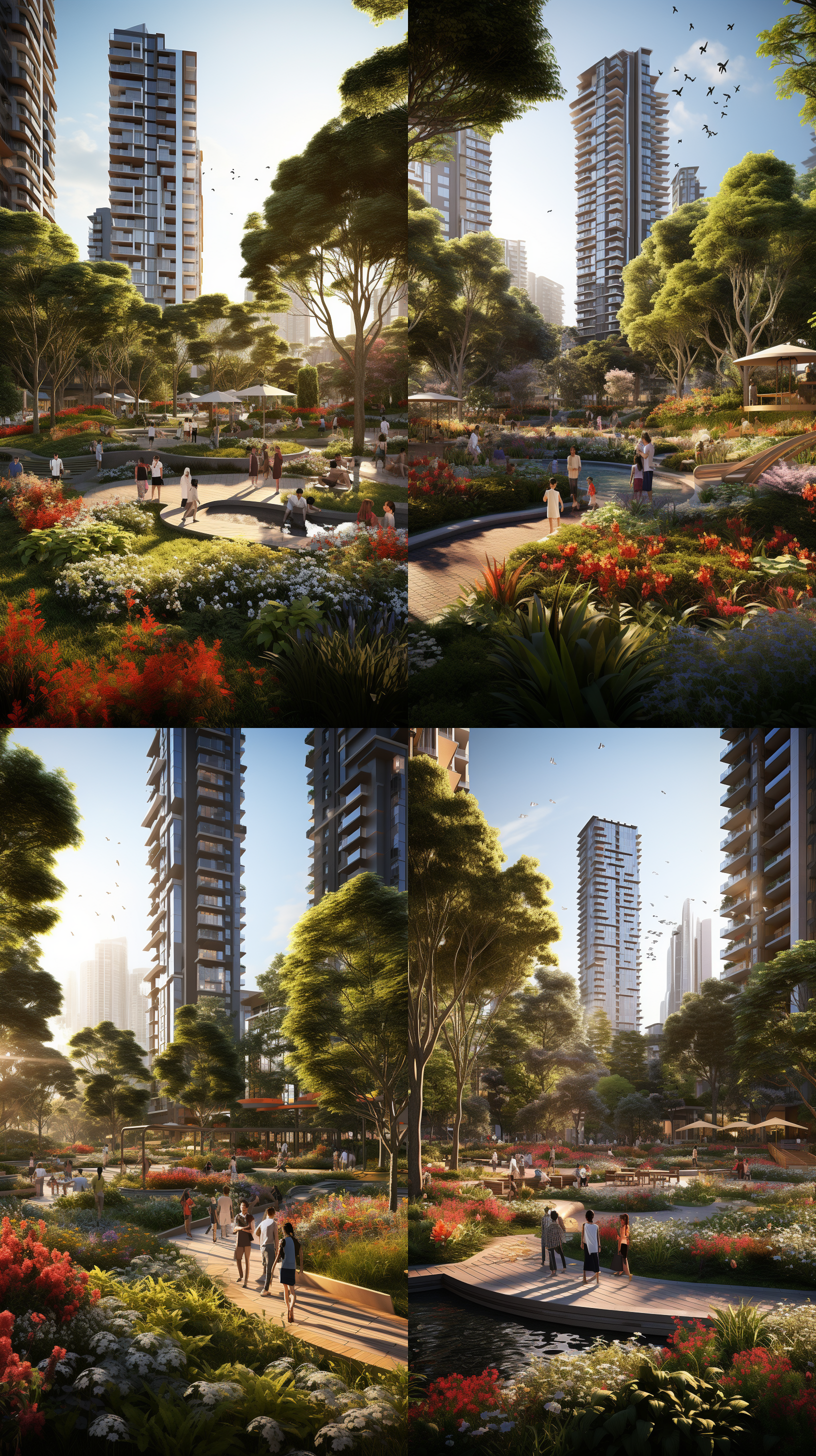 a beautiful community garden scene in a residential area with modern new asian architecture. buildings are 7-11 stories tall, surrounded by lush greenery. the community features a children's playground, a running track, and abundant landscaping. the design integrates contemporary elements with asian influences, featuring clean lines and natural materials. the atmosphere is serene and welcoming, with families enjoying the amenities and children playing.