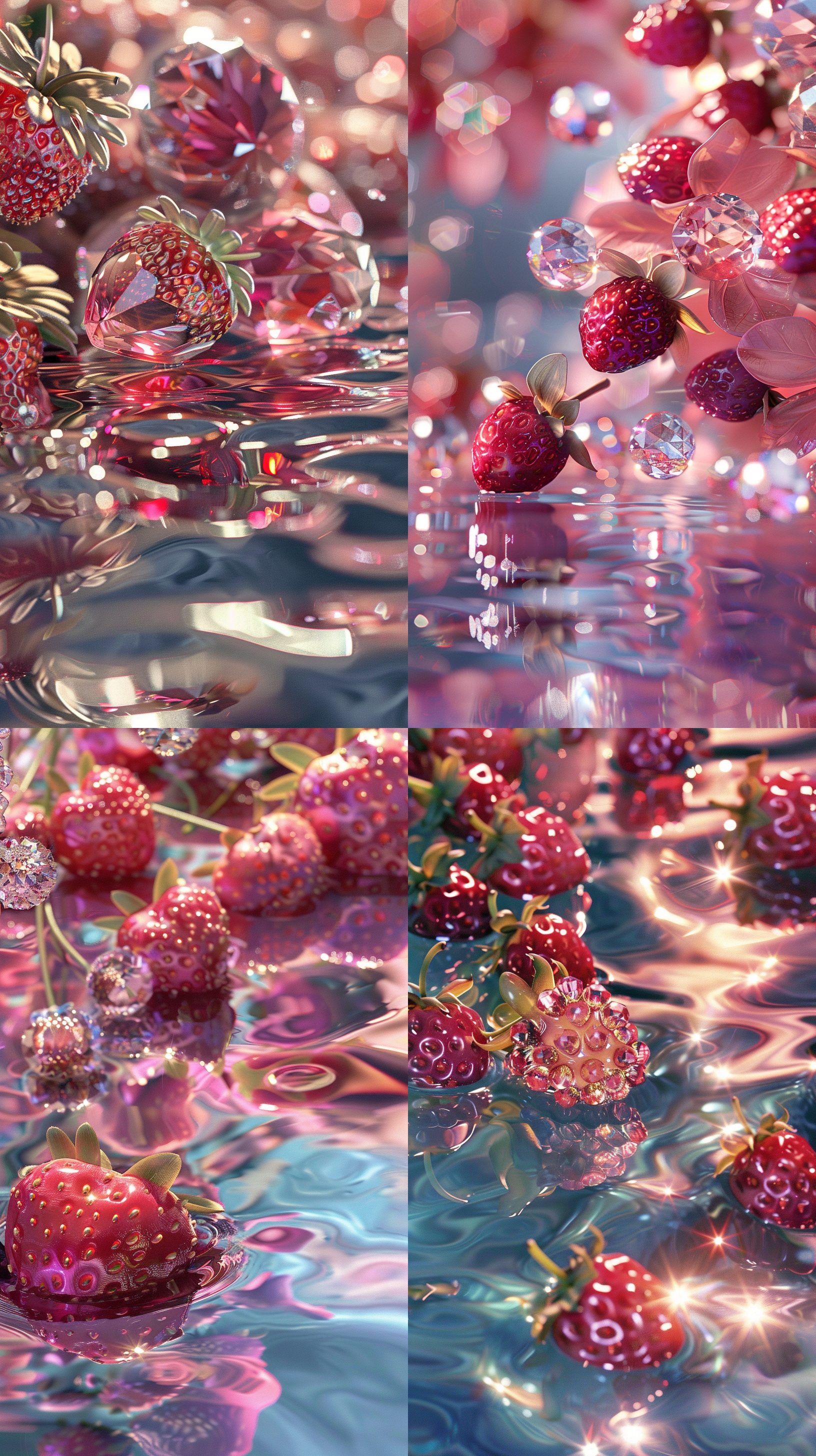 波光粼粼的水反射，浅粉色和酒红色宝石，一些草莓漂浮在水面上，构图完整，自然闪亮