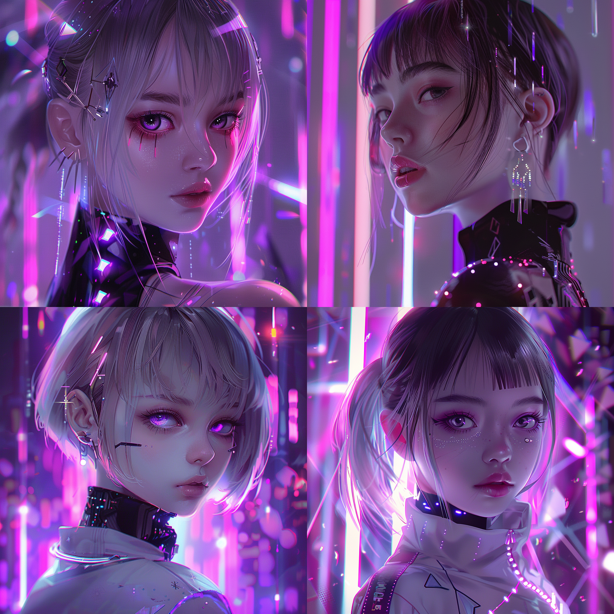 小姐姐，身材曼妙，半身像，柔和光影，赛博朋克风，紫色霓虹背景，特写镜头，眼神坚定，微张嘴唇，未来感服饰，金属质感配饰，冷暖色调对比，神秘感，动态捕捉