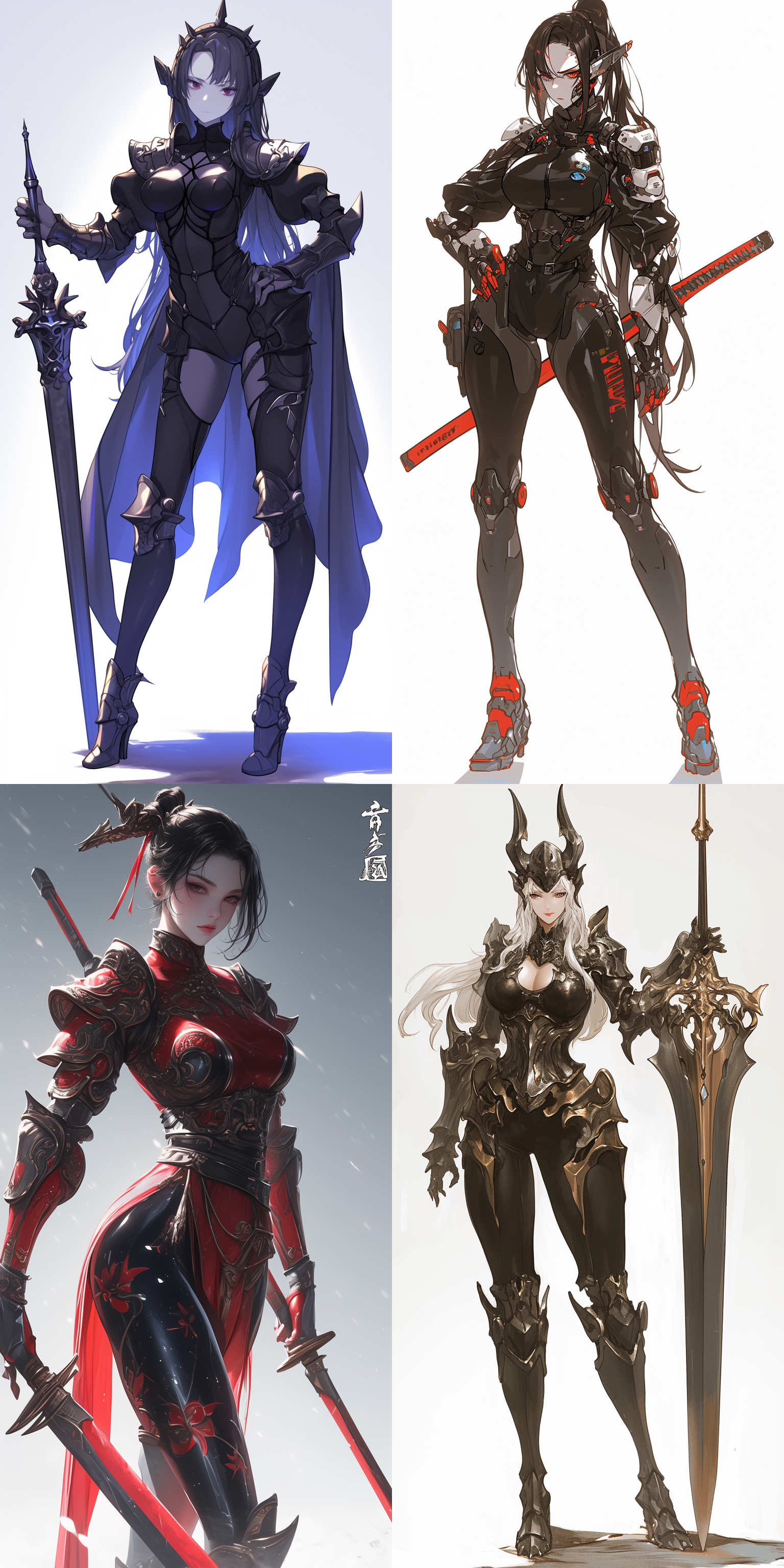 黑色紧凑整齐科技凯甲的女战士::2，手持巨剑，白色直长发整齐笔直，整齐的齐刘海，红色瞳孔，皮肤白皙，面无表情，身材纤细精壮，肌肉线条明晰 ，大boss,邪恶感，高光，二次元漫画化风，