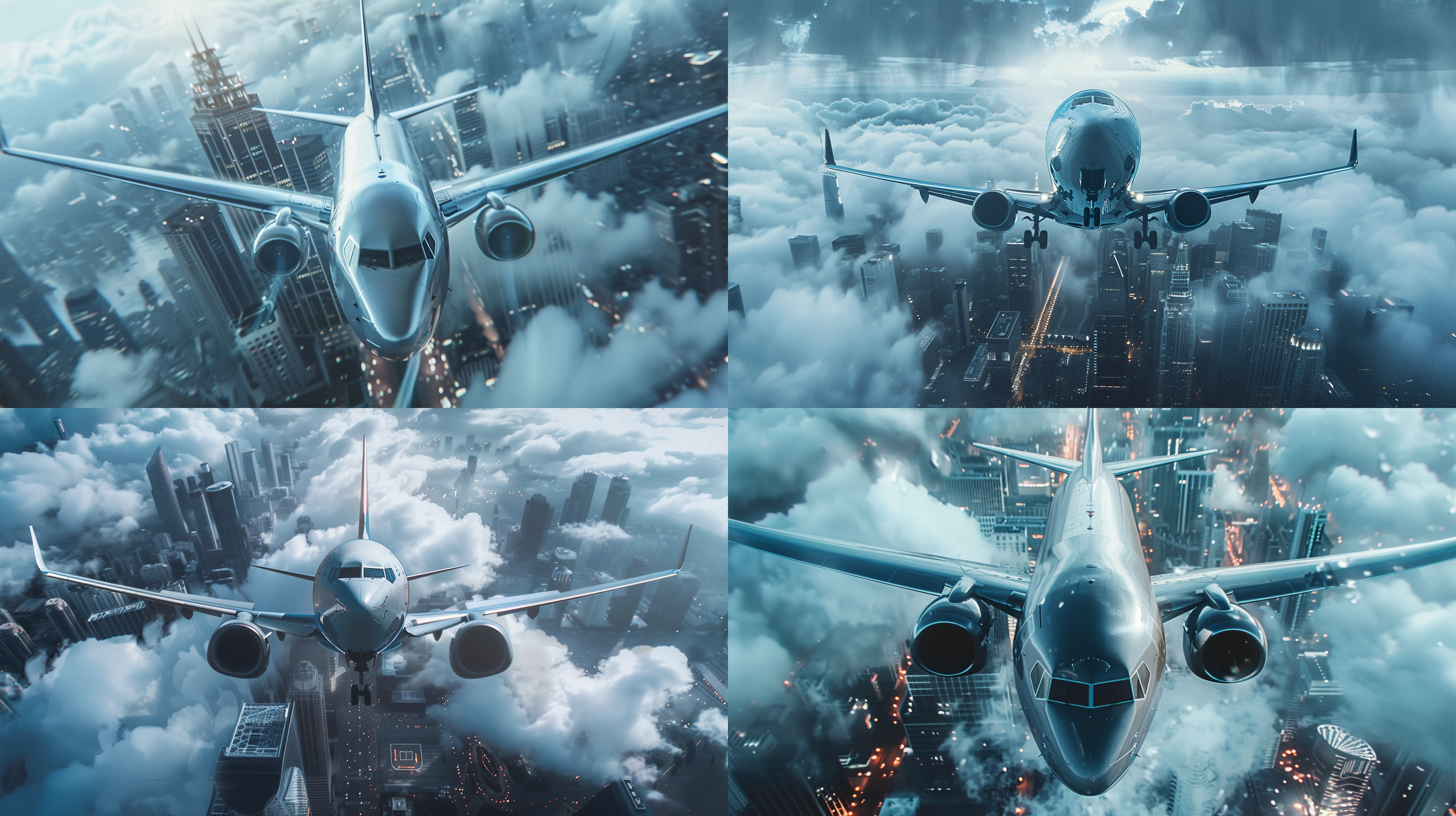 飞机特写，波音737，未来科技背景，城市天际线，云朵，摩天大楼，白天，蓝色调，鱼眼镜头，流动效果，科技元素，未来感，刺激。