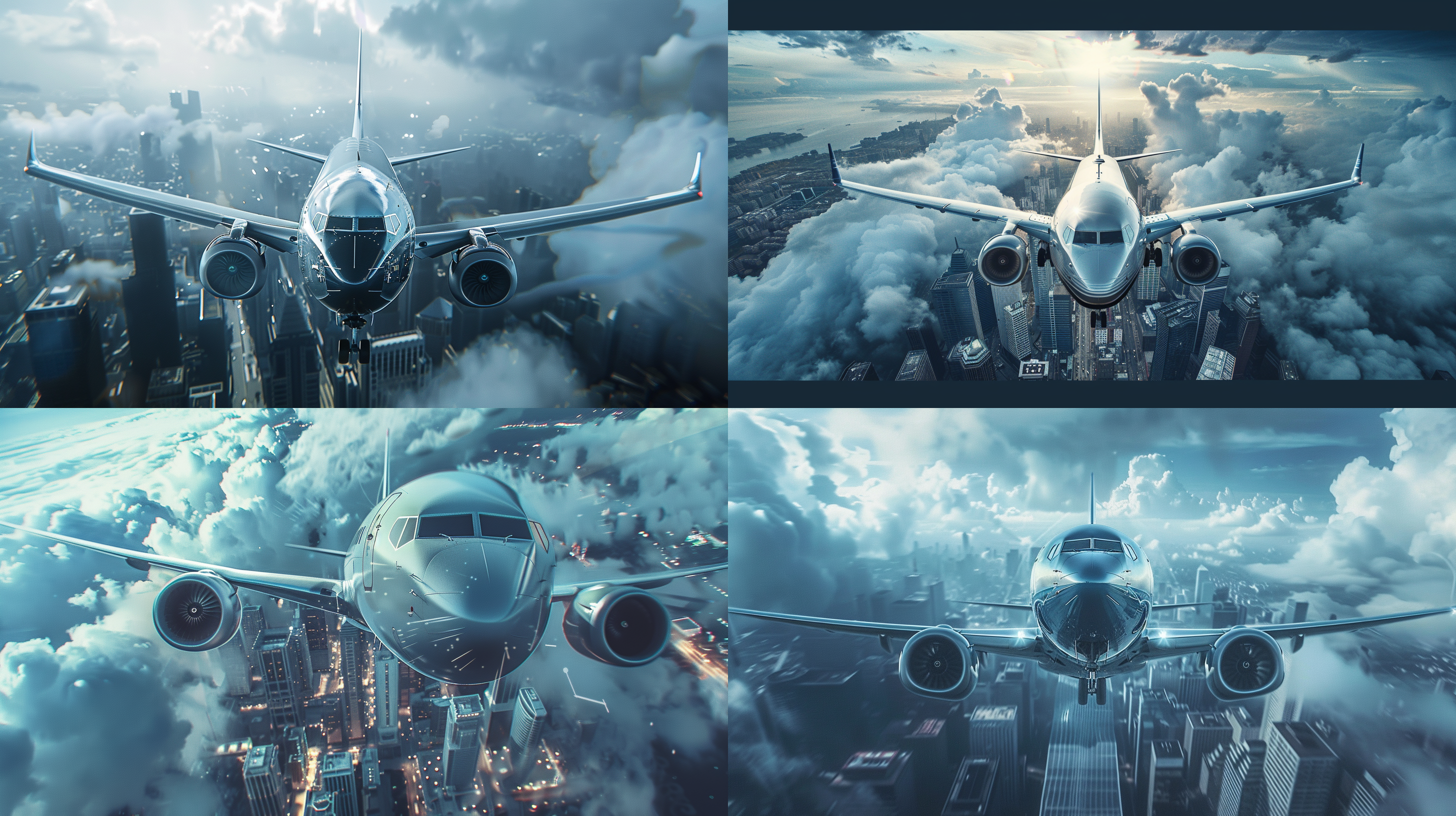 飞机特写，波音737，未来科技背景，城市天际线，云朵，摩天大楼，白天，蓝色调，鱼眼镜头，流动效果，科技元素，未来感，刺激。