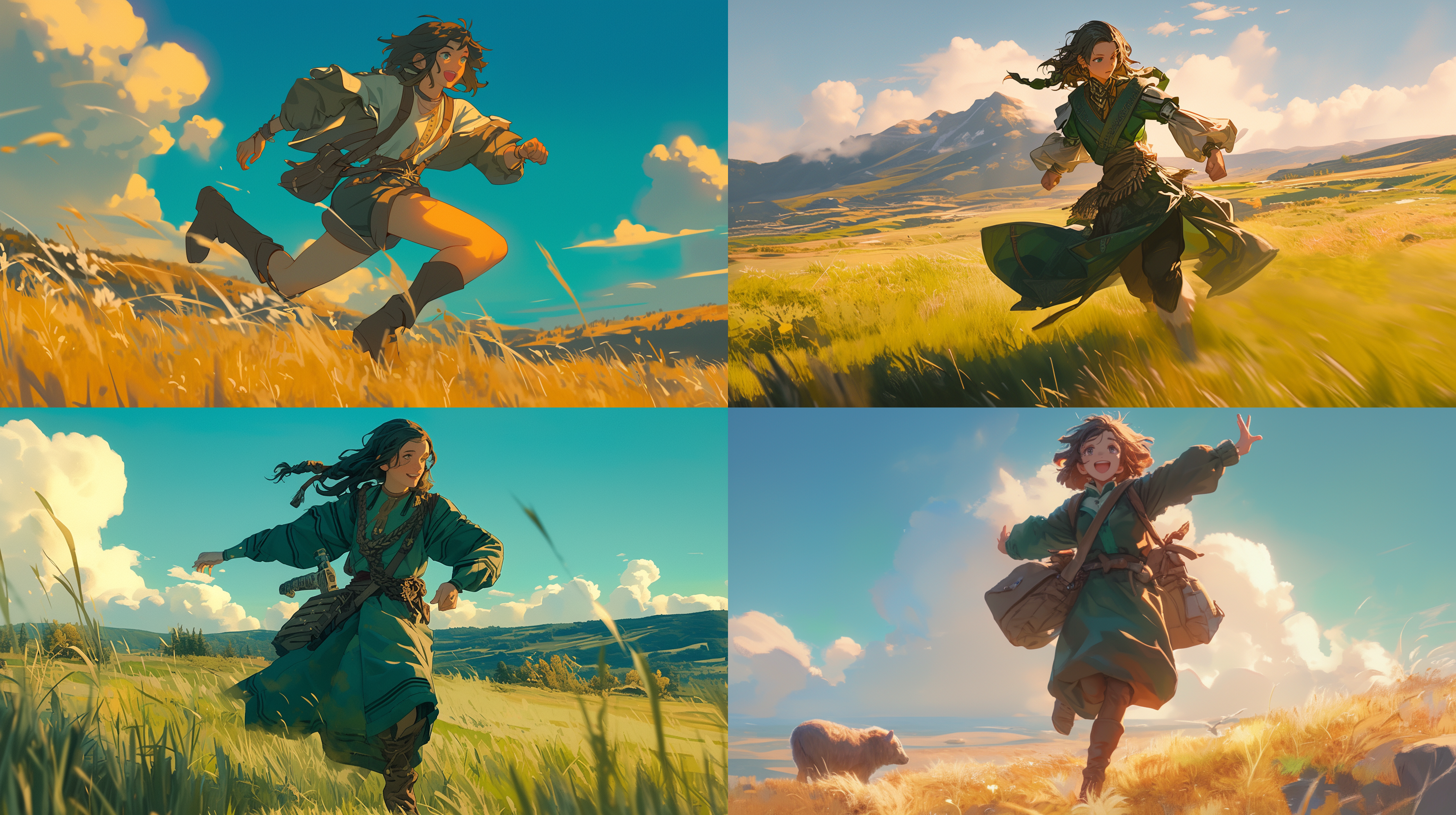 阿勒泰草原奔跑的女孩，齐肩短发，森林风服饰，广阔草原背景，人物动态捕捉，自然光，长焦镜头，浅景深，绿色调，自由奔放。