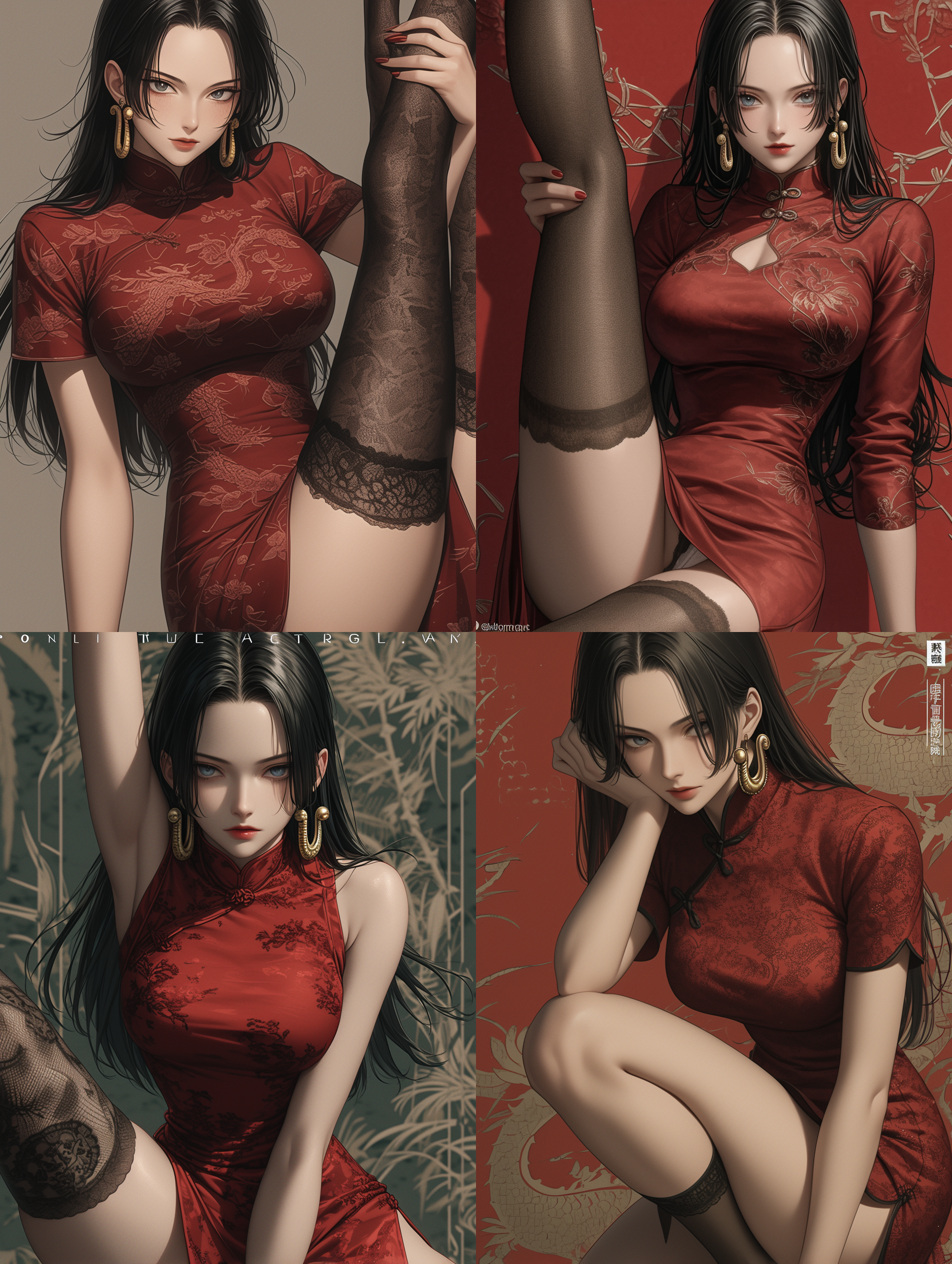 海贼王·女帝·波雅·汉库克，红色旗袍，半蹲下来，倒立，过膝袜，抱膝盖，单腿伸开，大长腿，腿::10，红格子短裙，高跟鞋，超级细节，追求细节，优雅气质，艺术感，8k，