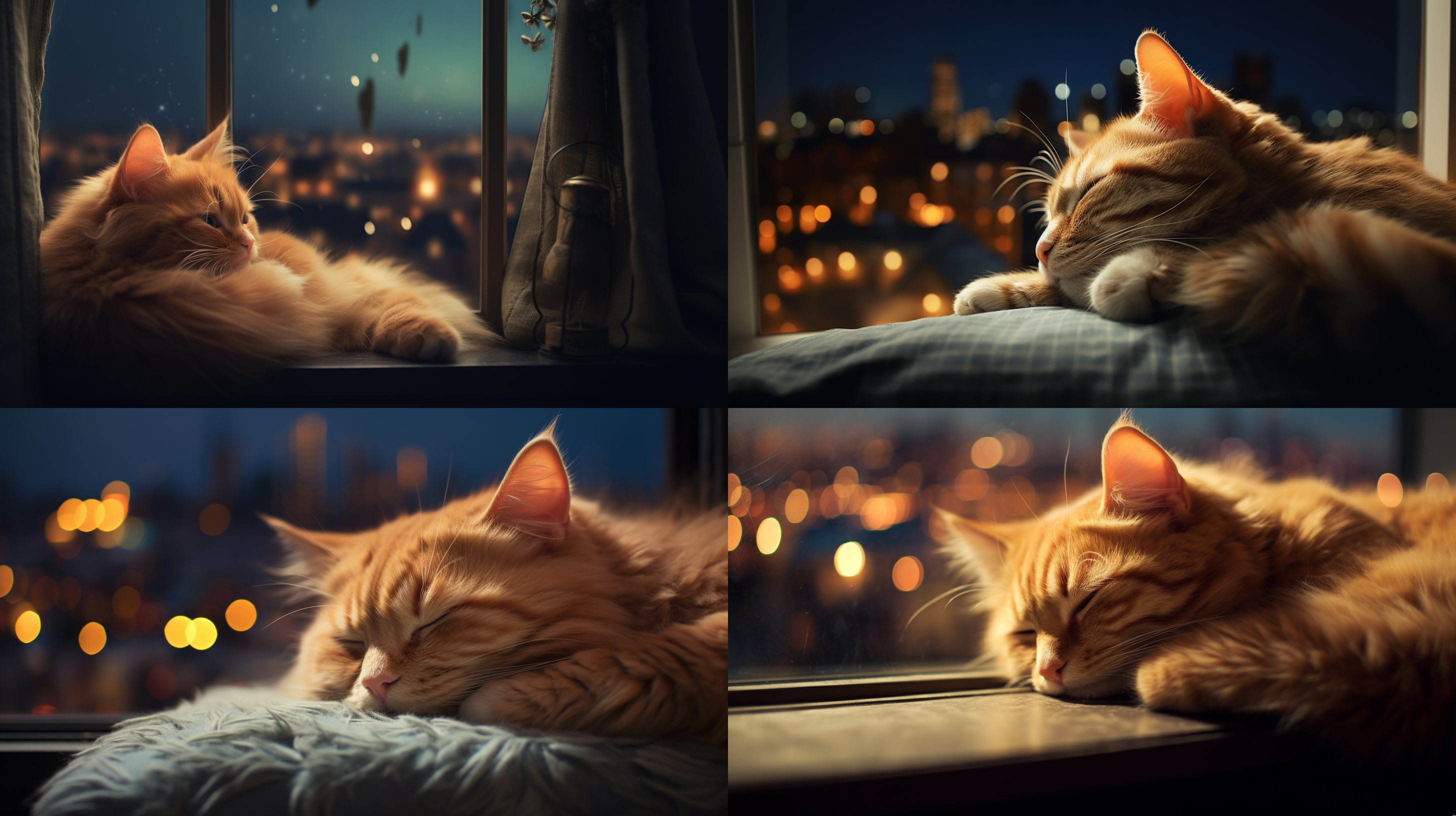 orange fat tiger cat, bushy tail, sleeping peacefully on the window sill, hair is clear, film photography style, overlooking the bustling city landscape at night, flashing lights and blurred figures, crescent moon hanging in the sky, creating a peaceful dream scene, soft pastel palette, retro fairy dream