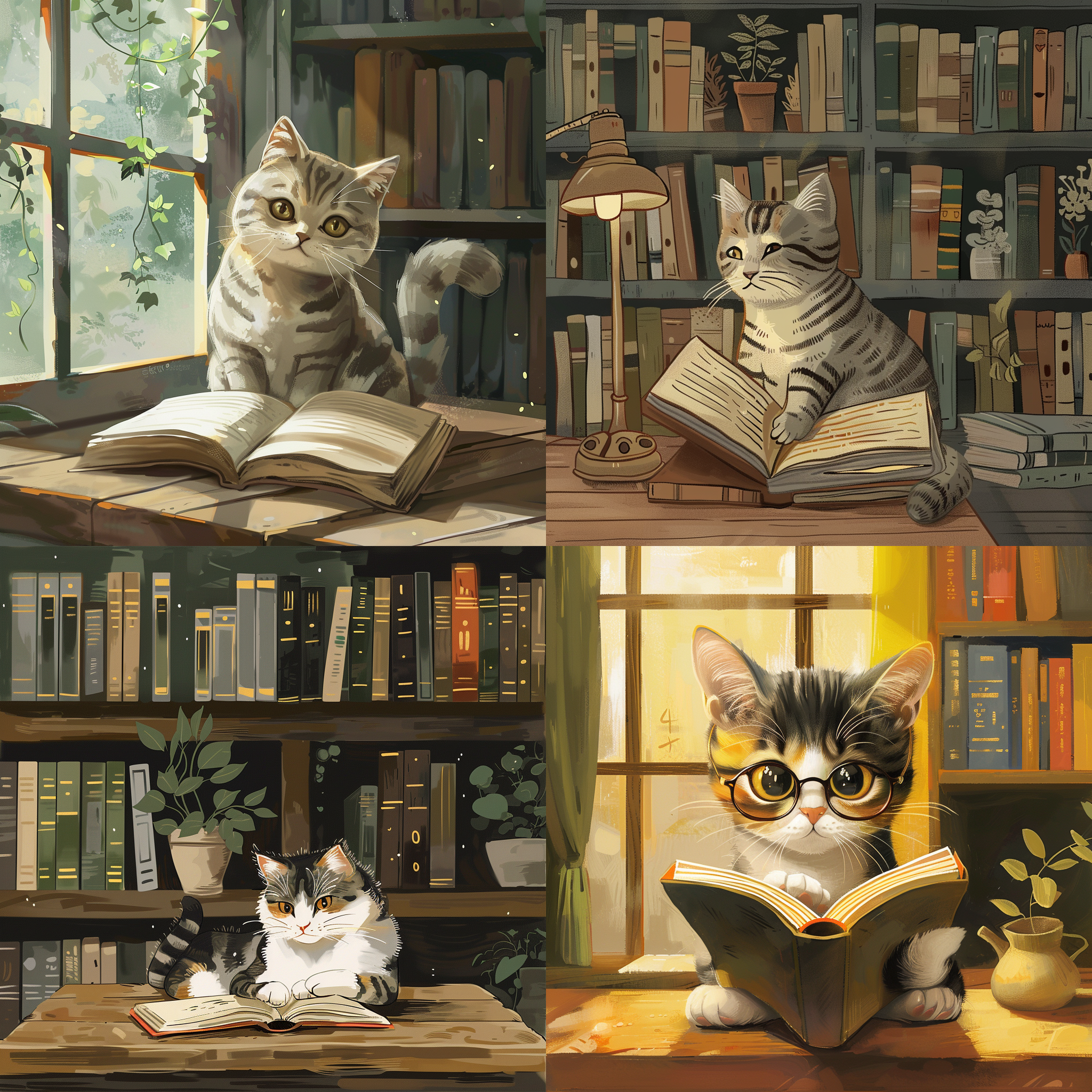 a cute cat sitting near the book, reading book ,background is reading room