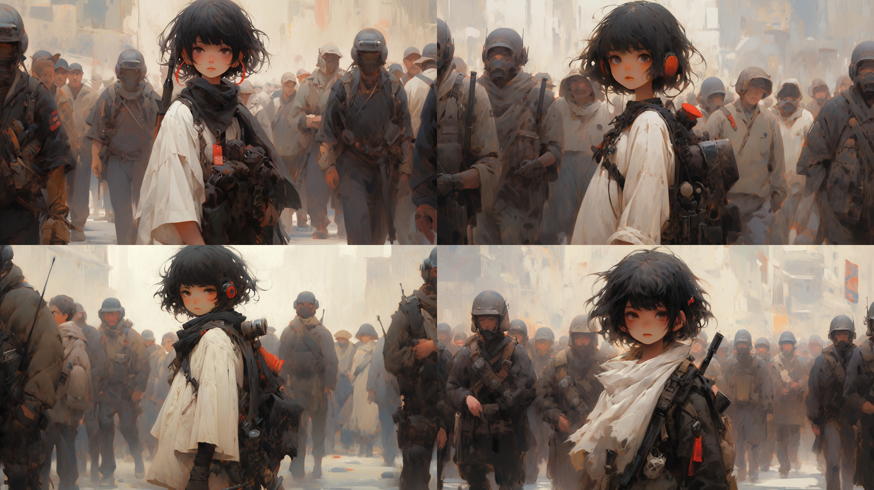 少女警戒，废墟中，黑色短发，棕色瞳孔，战术耳机，尘土目镜，破烂围巾，脏白衬衫，沙漠迷彩背心，沙色手套，战术腰带，破烂短裤，沙色护膝，登山靴，老式步枪，瞄准，紧张，废土朋克，启示录，高对比，侧光，快速快门，暖色调，广角镜头。