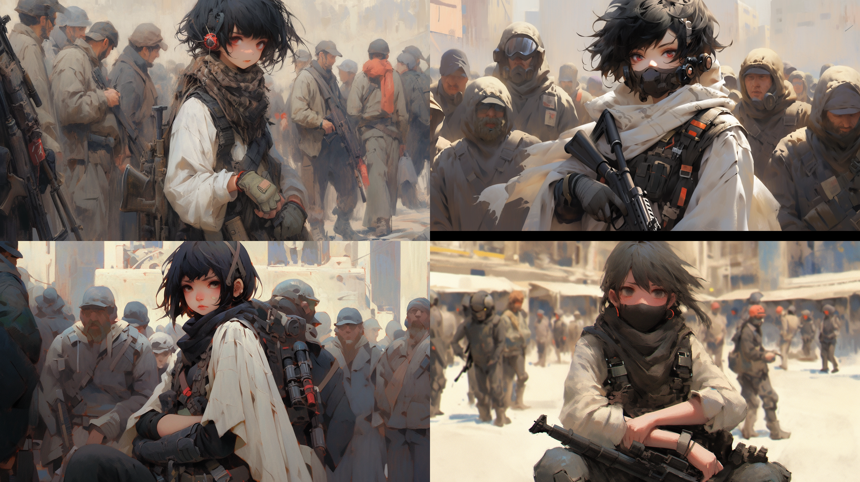 少女警戒，废墟中，黑色短发，棕色瞳孔，战术耳机，尘土目镜，破烂围巾，脏白衬衫，沙漠迷彩背心，沙色手套，战术腰带，破烂短裤，沙色护膝，登山靴，老式步枪，瞄准，紧张，废土朋克，启示录，高对比，侧光，快速快门，暖色调，广角镜头。