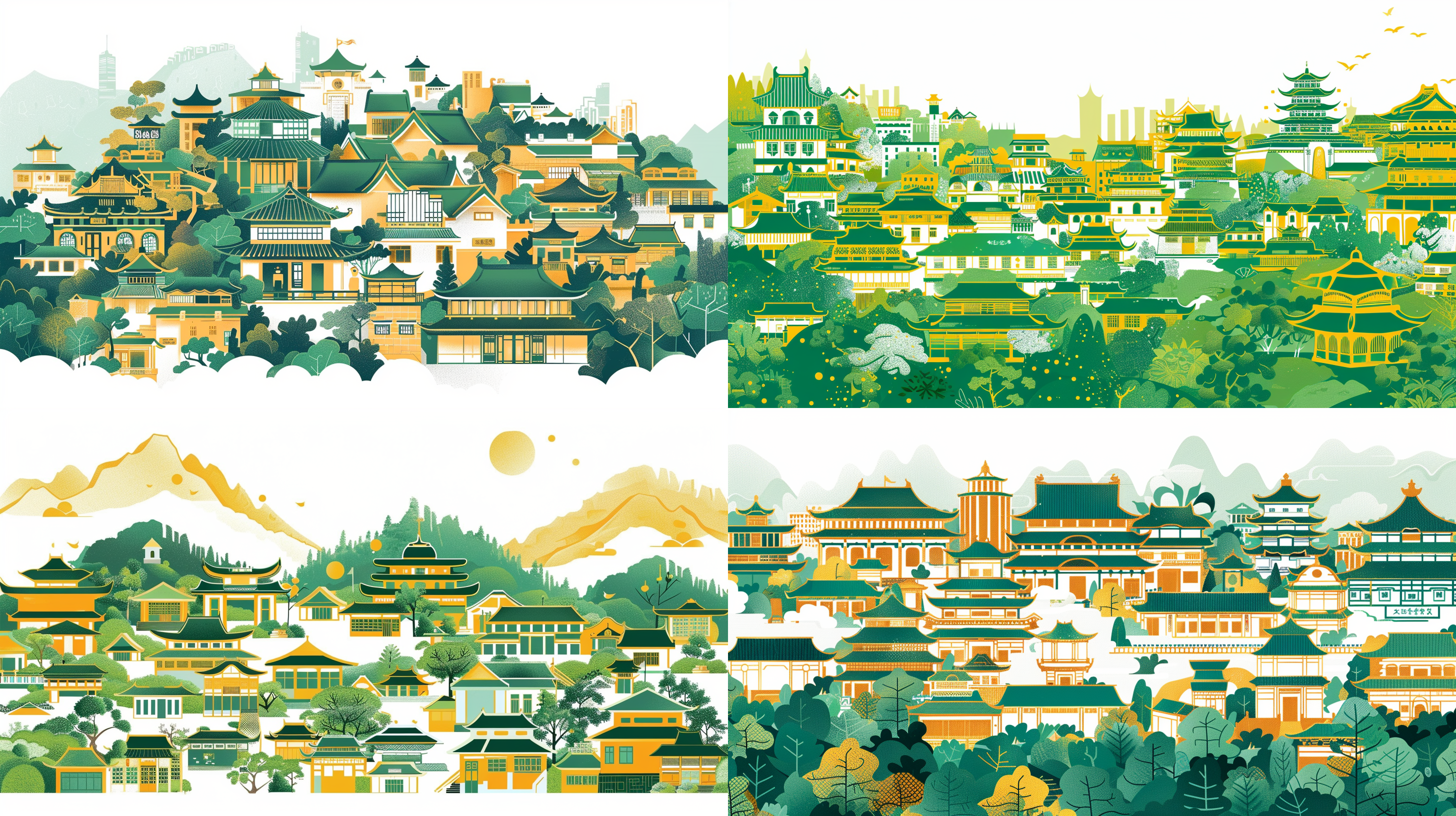 yunnan city vector illustration, green and yellow buildings, yunnan style, poster art, thick lines, smooth lines, classical theme, woodcut print style, fine character design, white background, bright colors, symmetrical composition, rich details, ethnic elements, modern sense, flat design, visual impact.