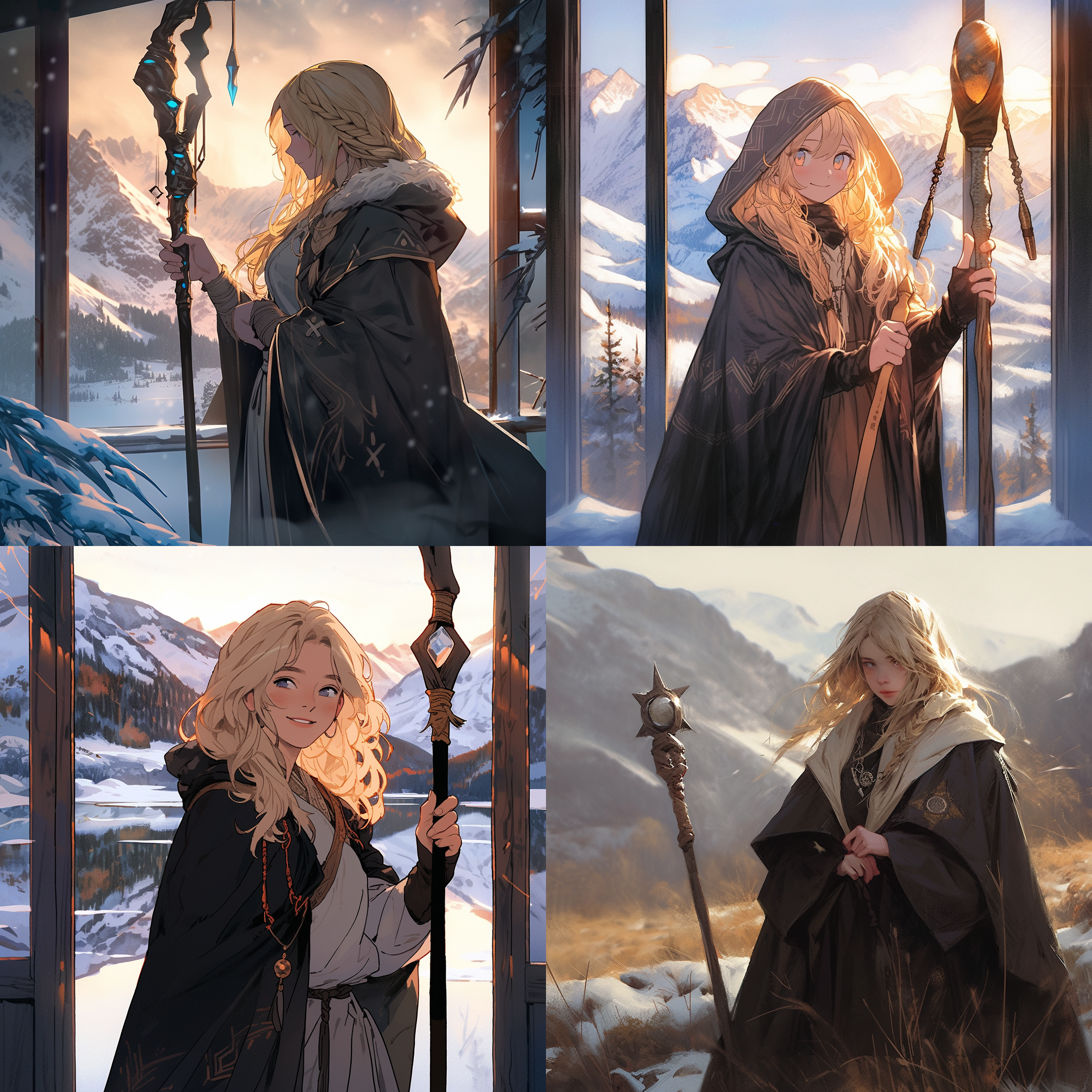 金色长发少女，黑色巫师袍，手持法杖，微笑，窗前雪山倒影，柔和自然光，中景构图，高光细节，暗部层次，冷暖色调对比，神秘氛围，魔法元素，宁静表情，细腻质感。