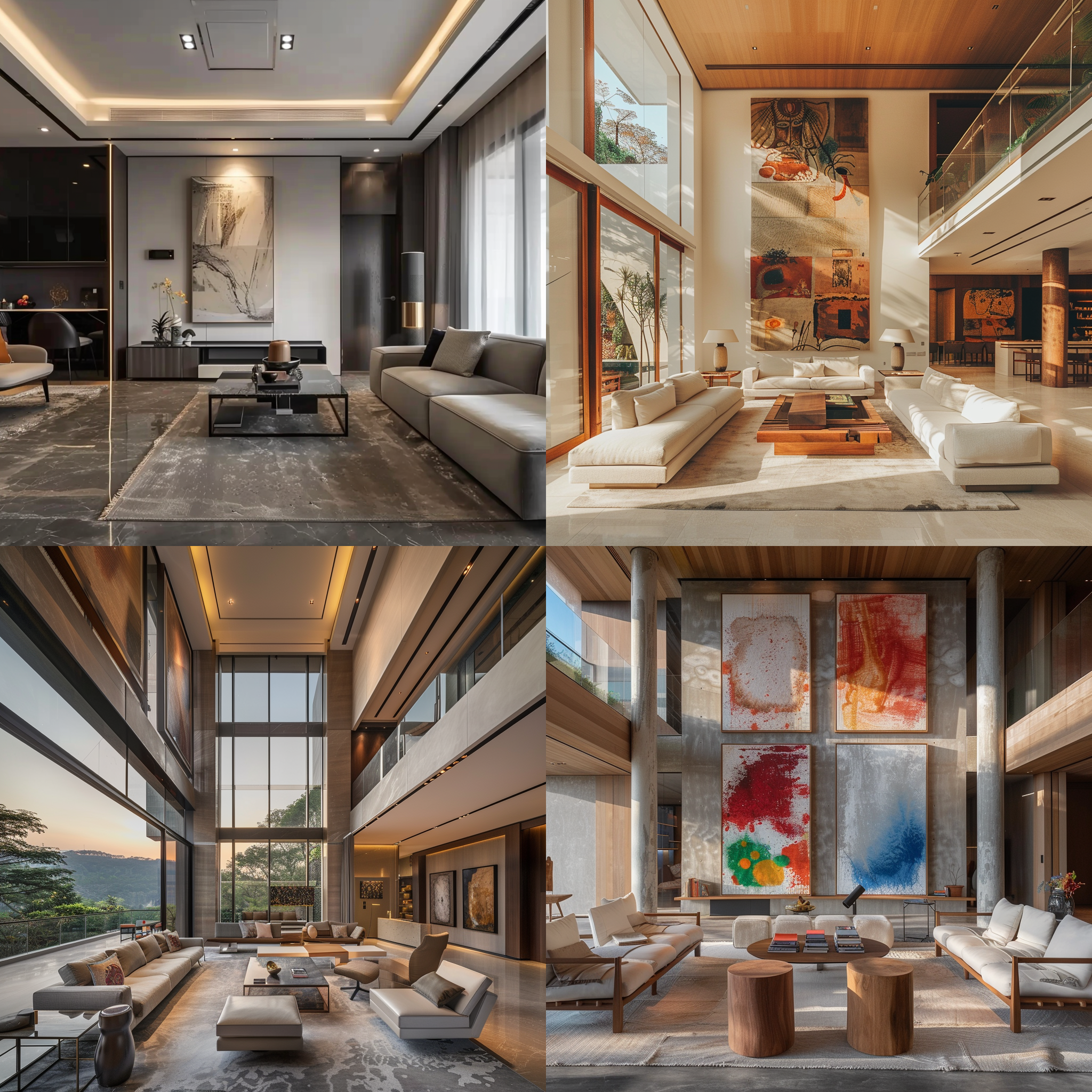 居住空间简约大气，宽敞客厅，现代家具，抽象艺术画，落地窗，自然光，柔和侧光，广角镜头，低饱和度，温馨氛围，舒适沙发，静谧，放松。