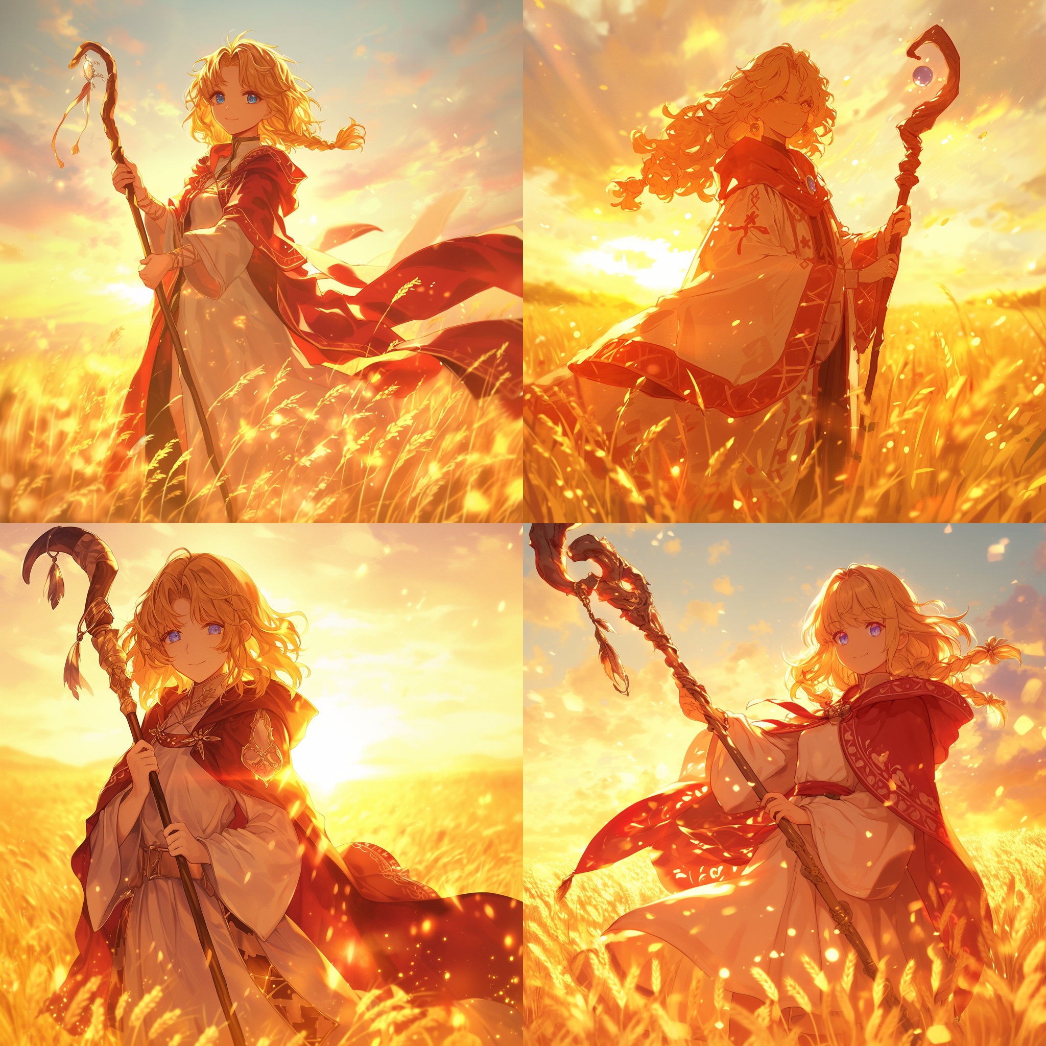 金色头发少女，红白巫师袍，手持法杖微笑，金色麦地，逆光剪影，柔焦效果，长焦镜头，低角度拍摄，温暖色调，魔法氛围，宁静安详。