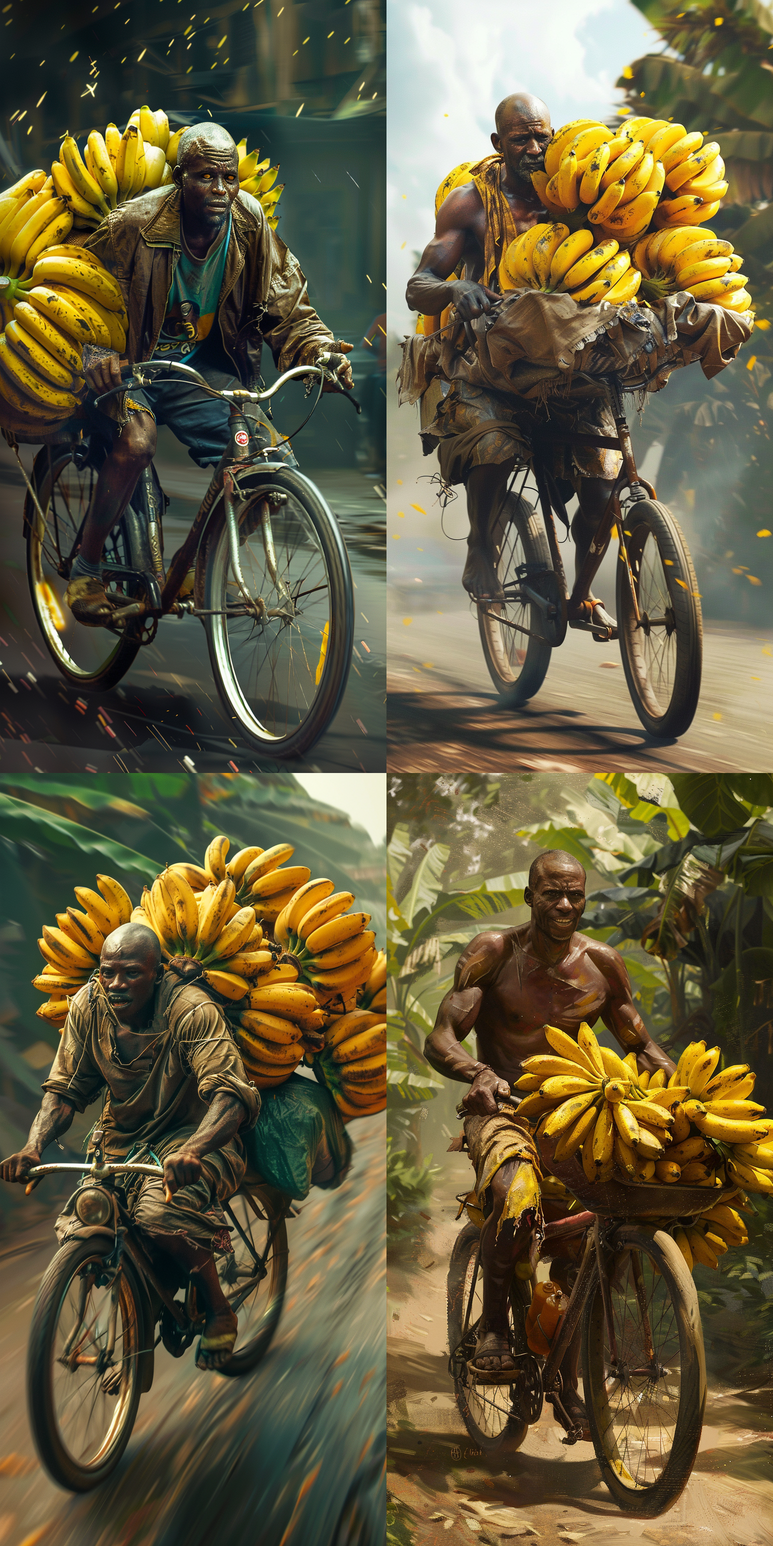 黑人光头穿着破旧的衣服，骑二八大杠的自行车拉很多香蕉，在马路上飞驰