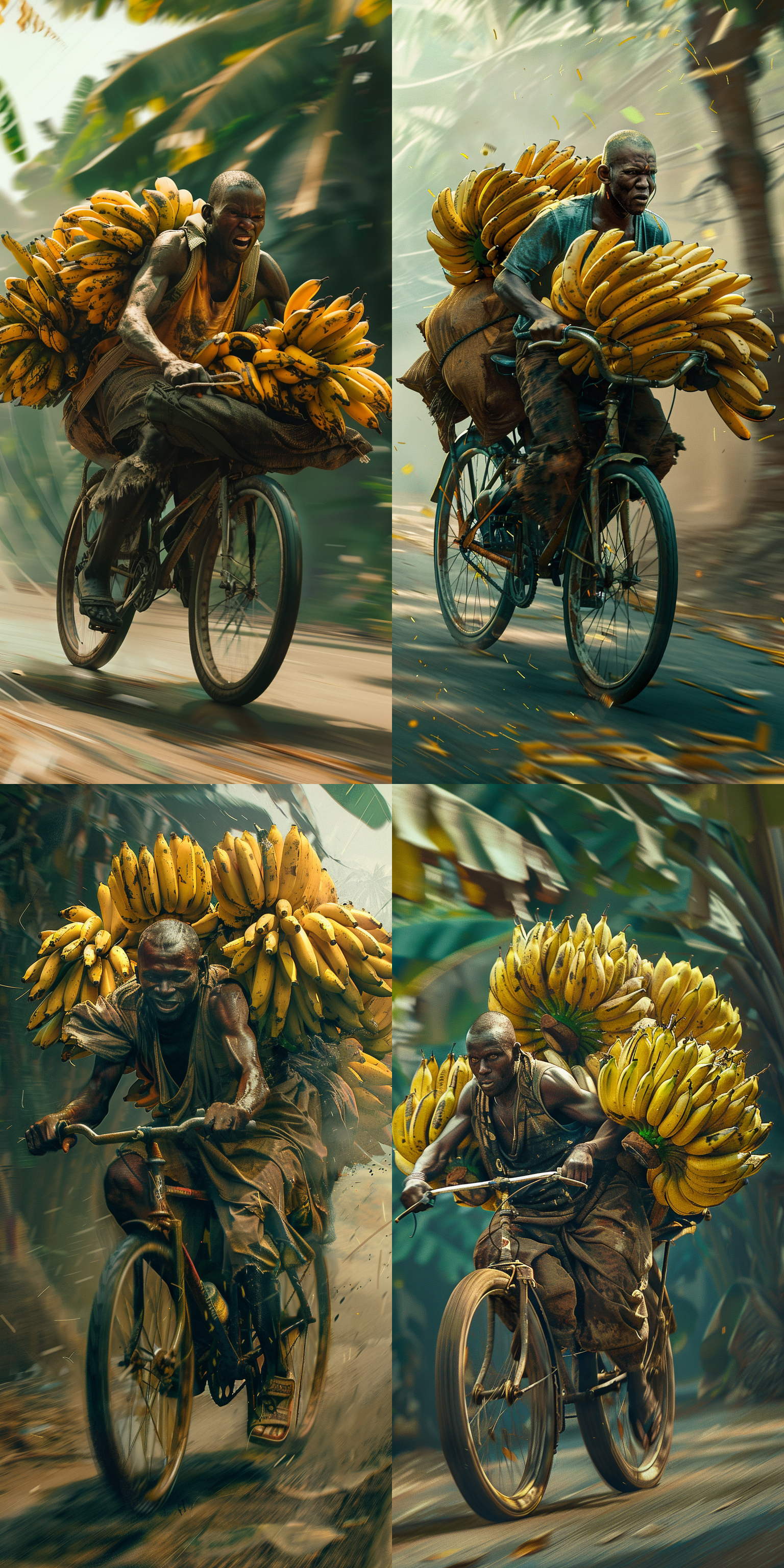 黑人光头穿着破旧的衣服，骑二八大杠的自行车拉很多香蕉，在马路上飞驰