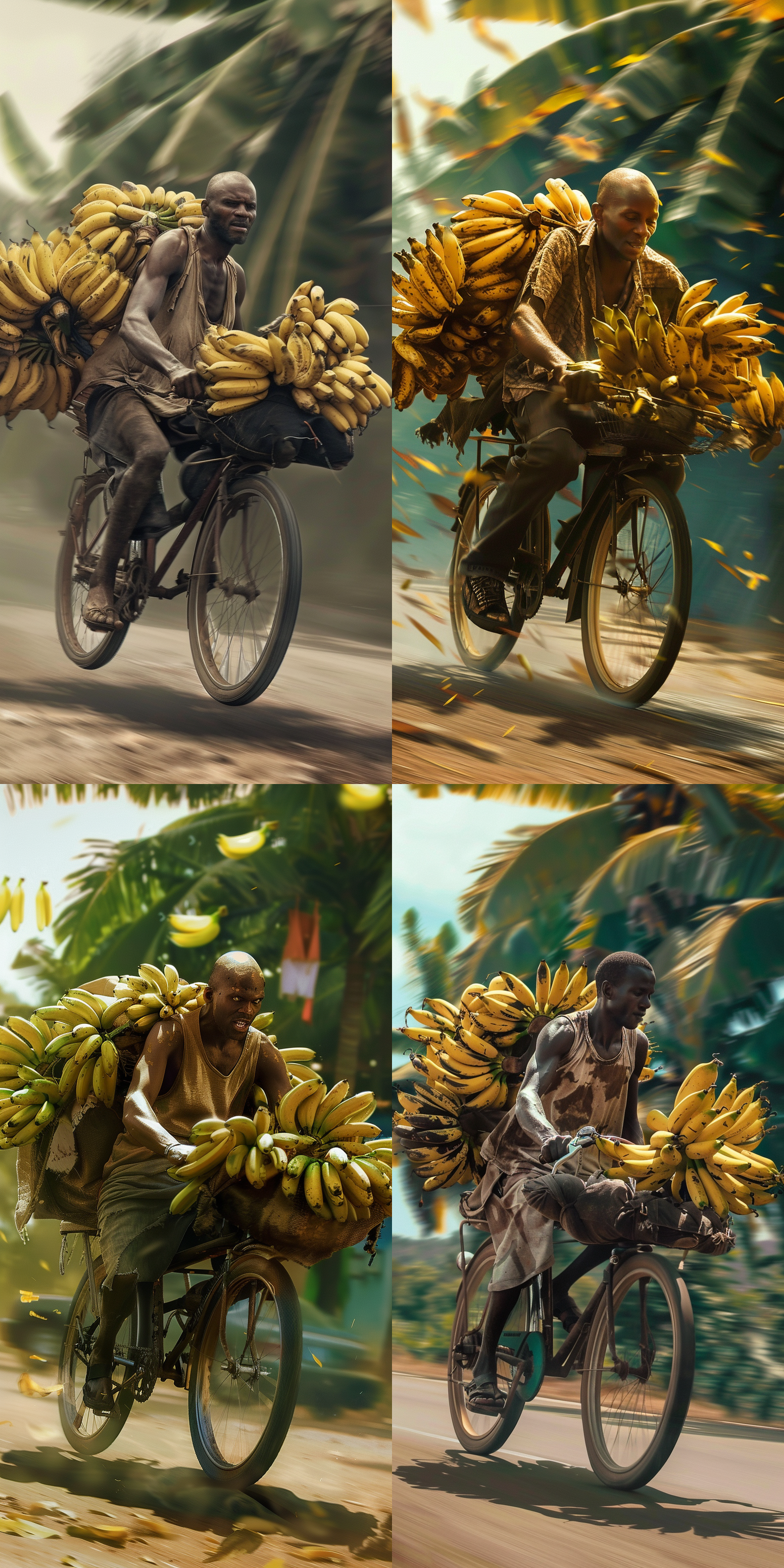 黑人光头穿着破旧的衣服，骑二八大杠的自行车拉很多香蕉，在马路上飞驰