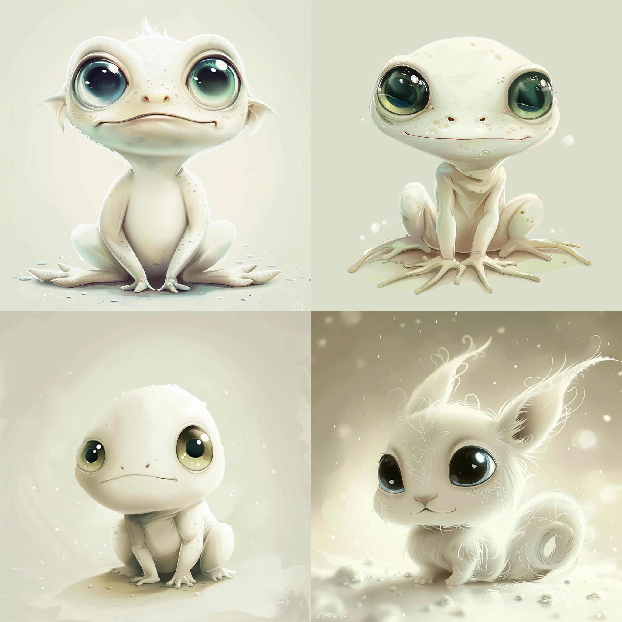 幻想可爱生物线稿图，简洁背景，白色底色，细腻线条，卡通风格，大眼睛，圆润身体，天真表情，柔和光影，清新色彩，童趣氛围，想象力激发。