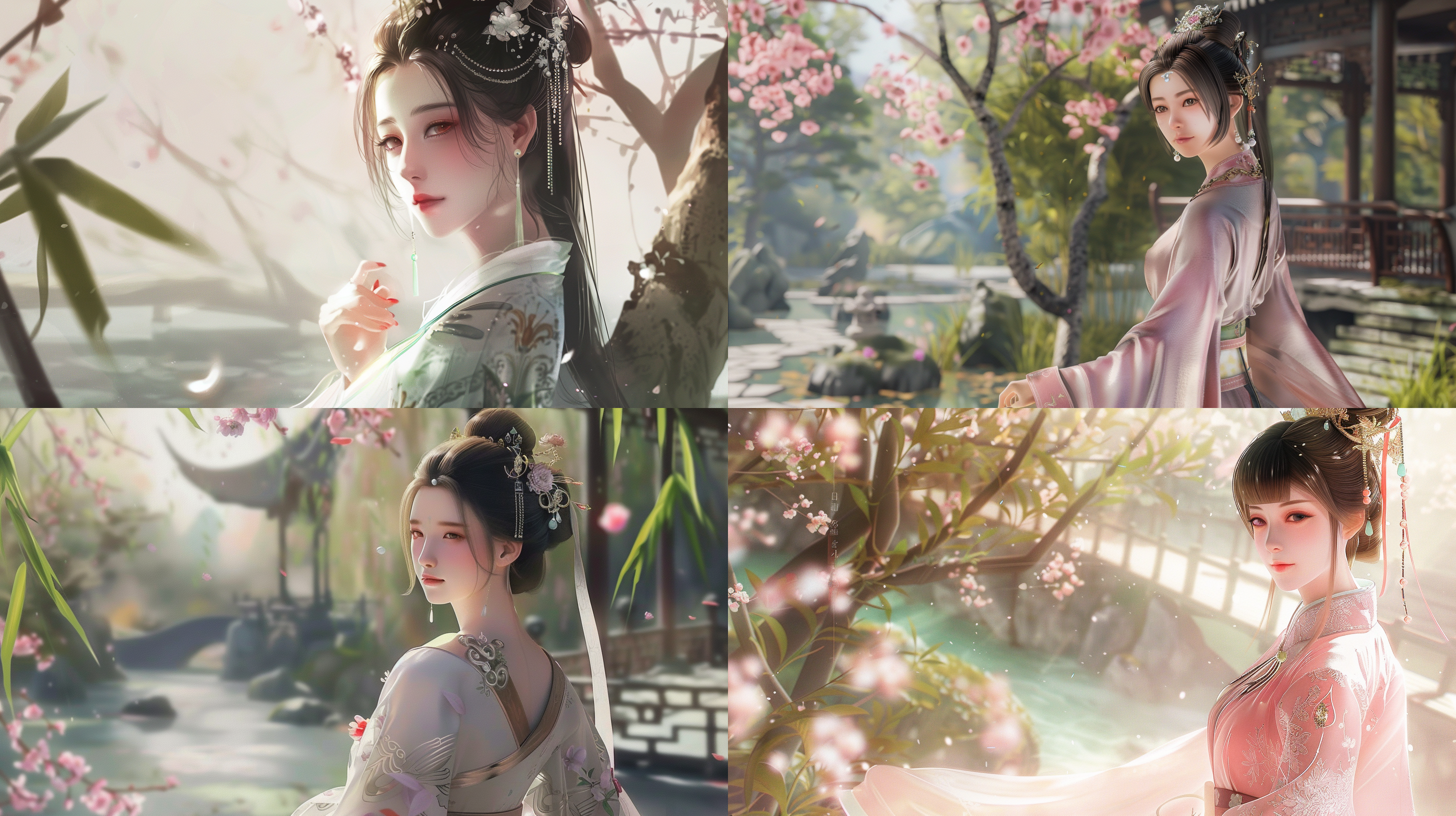 "create a traditional chinese beauty in a resplendent silk hanfu, standing amidst a classical garden with gentle breeze grazing her flowing robes. her delicate features are accentuated by willowy brows and limpid eyes, a subtle smile gracing her lips. her hair is elegantly coiled, adorned with exquisite jade hairpins and floral decorations, striking a balance between dignity and grace. set against the backdrop of a blooming spring day, with peach blossoms in full bloom and a tranquil stream winding through artful rock formations. sunlight filters through scattered clouds, casting dappled shadows on the garden's stone paths, enhancing the painting's depth and atmosphere. influenced by the style of ancient masters such as gu kaizhi, employ both fine-brushwork and rich colors to meticulously capture the subject's aura and the intricate details of her attire, blending realistic depiction with impressionistic touches to evoke the vitality of nature. choose rice paper and mineral pigments as the medium to preserve the antique charm while incorporating modern digital techniques to refine details, ensuring clarity and depth that appeals to contemporary aesthetics. employ a color palette dominated by soft, natural hues: the blush of peach blossoms, verdant bamboo leaves, and subtle tones of the hanfu harmoniously interact, creating a visually soothing and cohesive image.