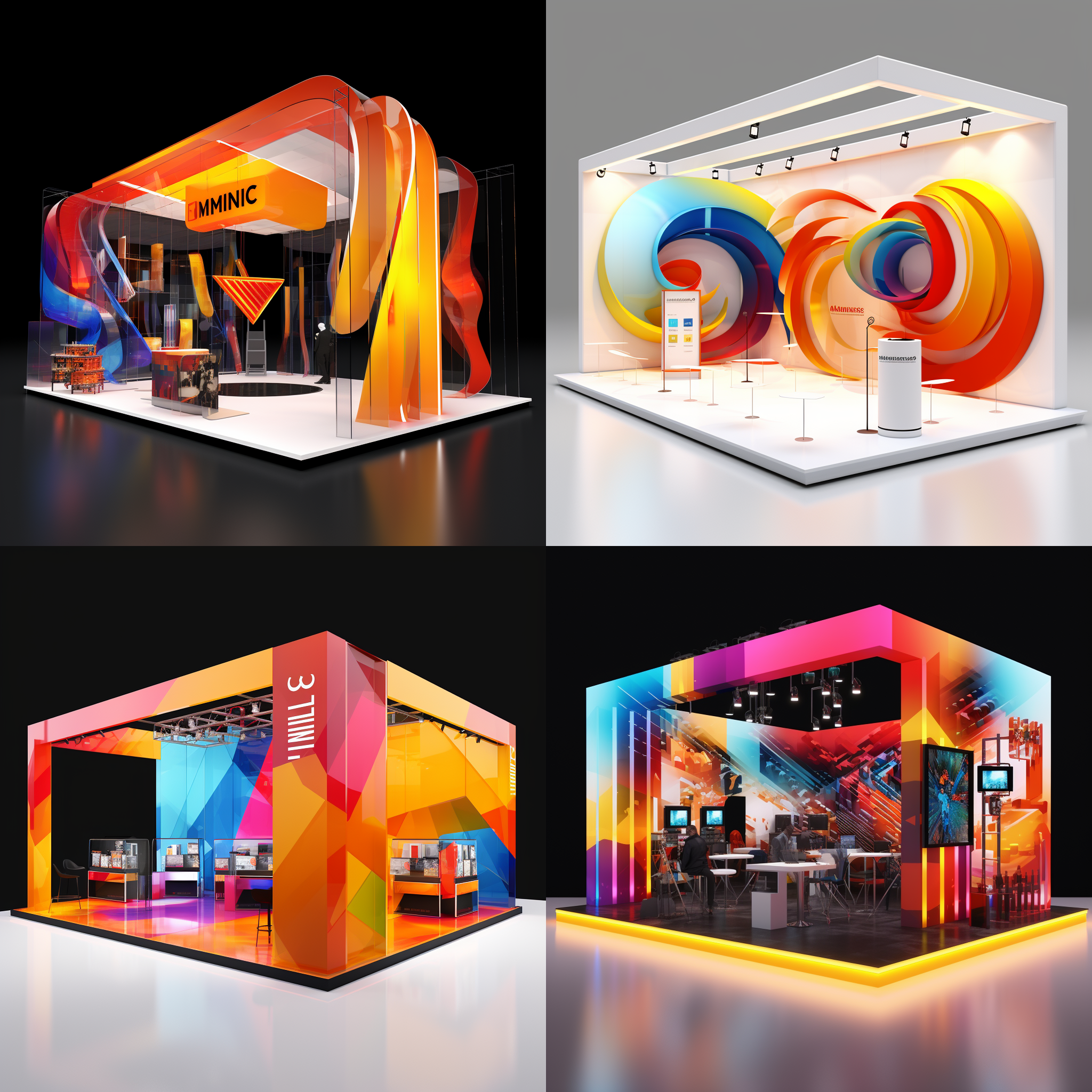 3d model withmusic element exhibition stand, featuring a triadic color scheme as the primary color palette. the design includes multiple dazzling acrylic background panels seamlessly pieced together. presented in a c4d visual rendering with a vibrant and dynamic feel, showcasing wide-angle lens perspective, skillful lighting effects, and front-facing illumination against a clean white backdrop.