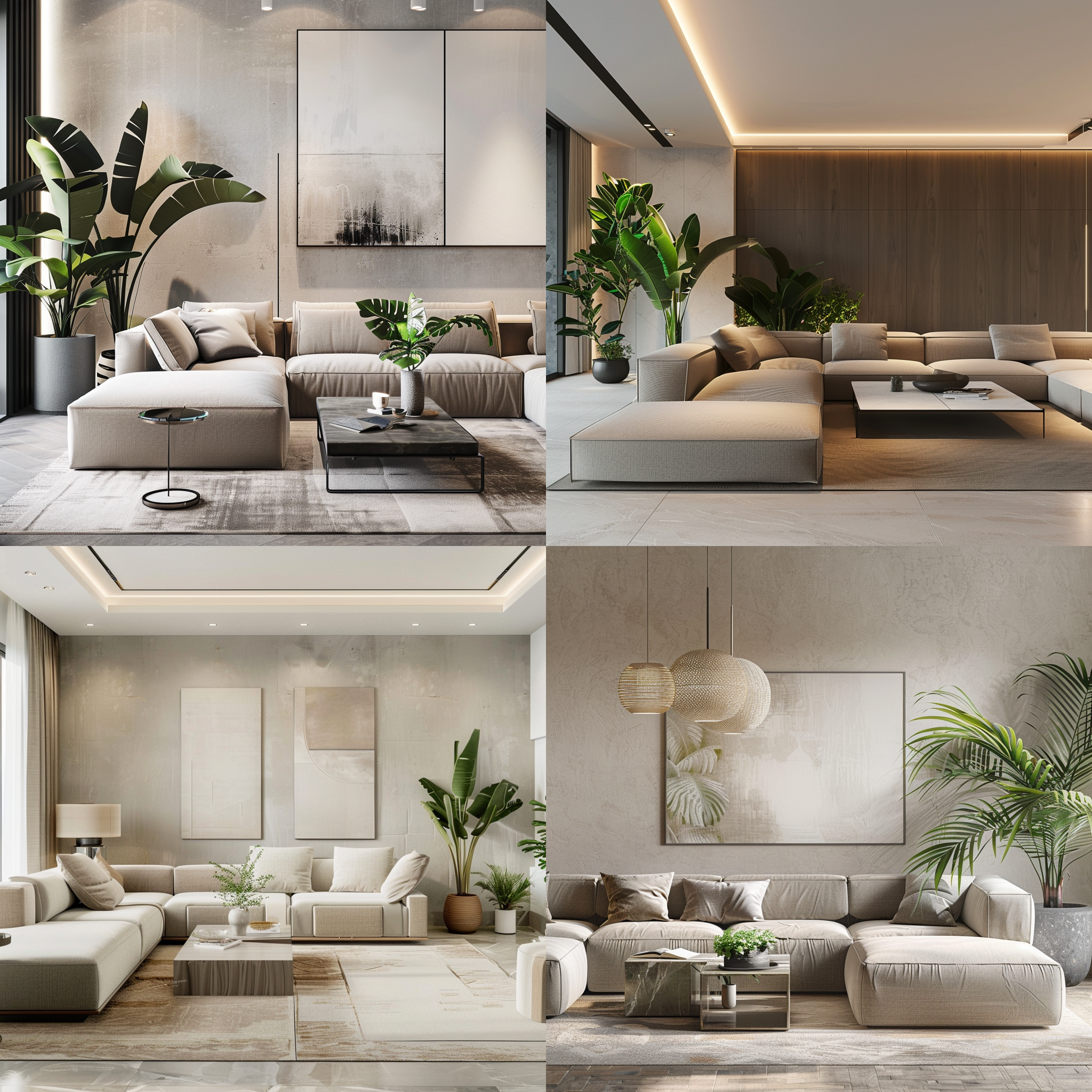 室内设计，现代简约风格，宽敞客厅，中性色调，自然光线，长焦镜头，浅景深，细节丰富，家具线条流畅，绿植点缀，温馨舒适，柔和灯光，艺术装饰，和谐统一。