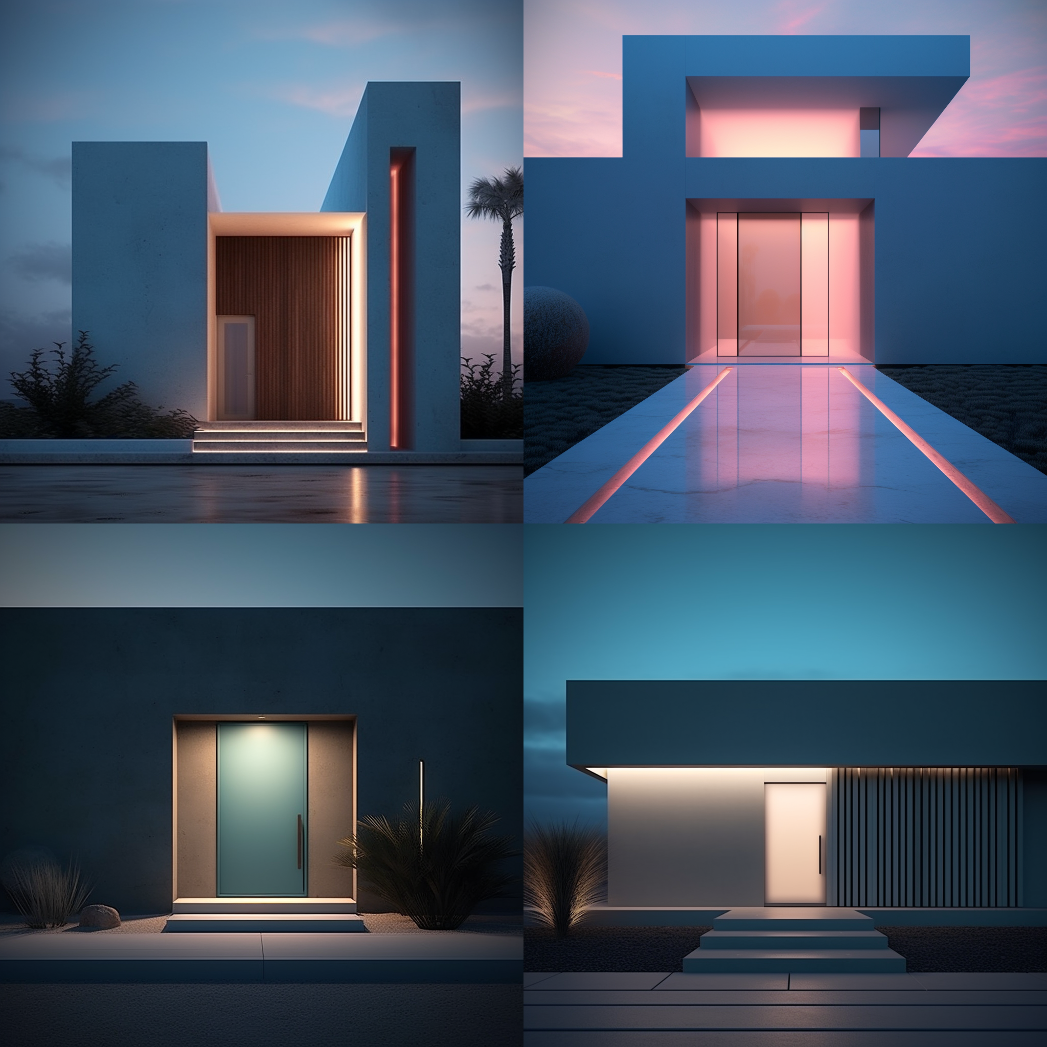 门头，高亮灯光，现代简约风格，对称，冷色调，室外景观，宽广视角，线条，光影，现代主义，冷静。