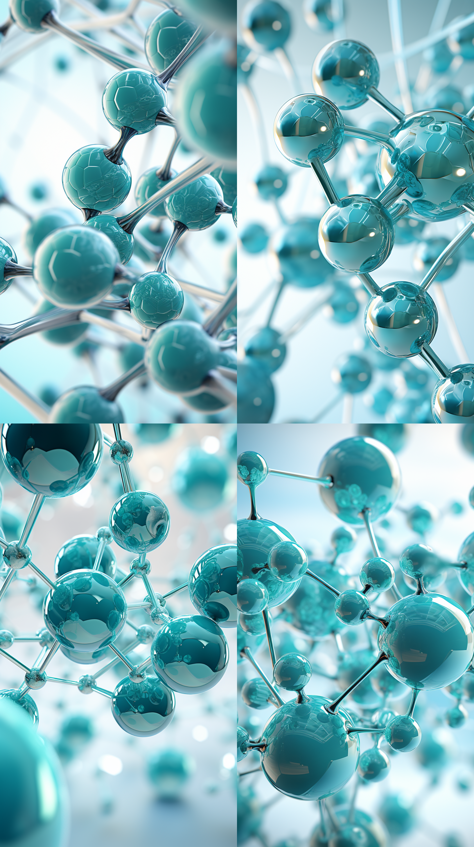 化学三角分子结构悬浮，圆球包裹，科技感，鱼子酱圆球，白色背景，高光强调，微距镜头，冷色调，静态，神秘，清晰细节。