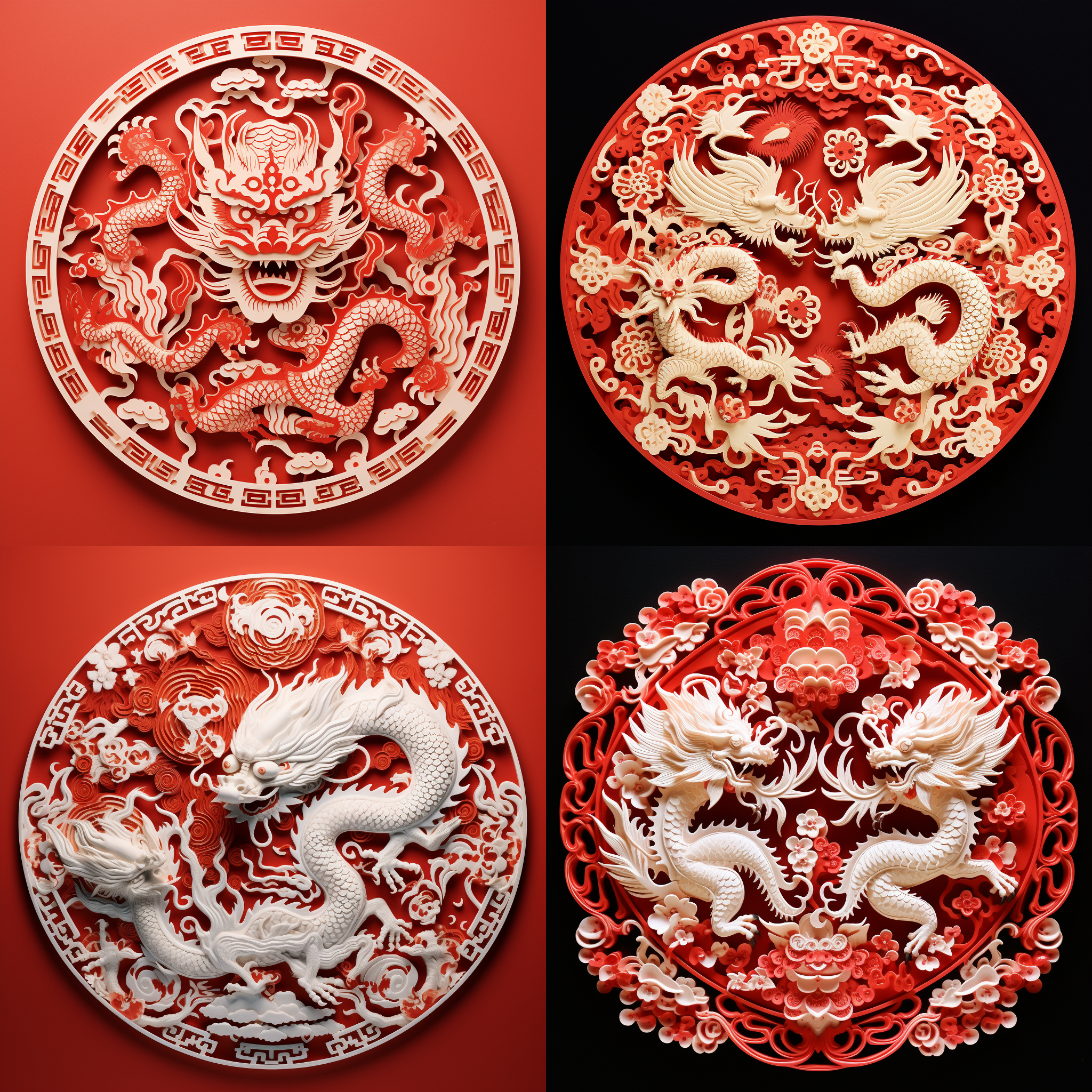 中国剪纸双龙戏珠，对称构图，传统艺术，红色调，喜庆氛围，细腻纹理，柔和光线，静态捕捉，龙腾跃动，珠光宝气，文化传承，祥和寓意。