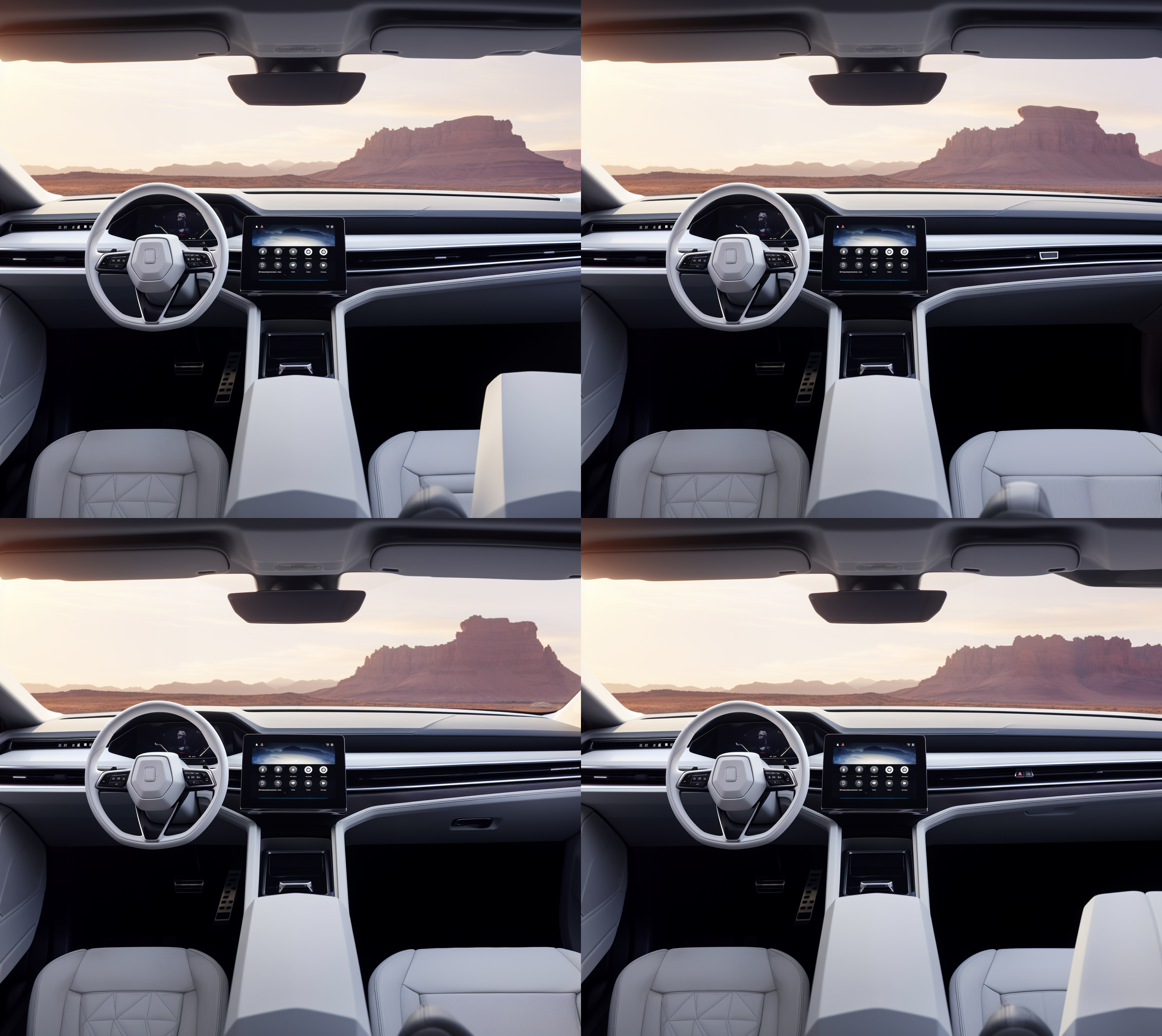 白色小汽车驾驶座中控台特写，简约设计，白色内饰，大显示屏，纯色背景，概念模型，细节清晰