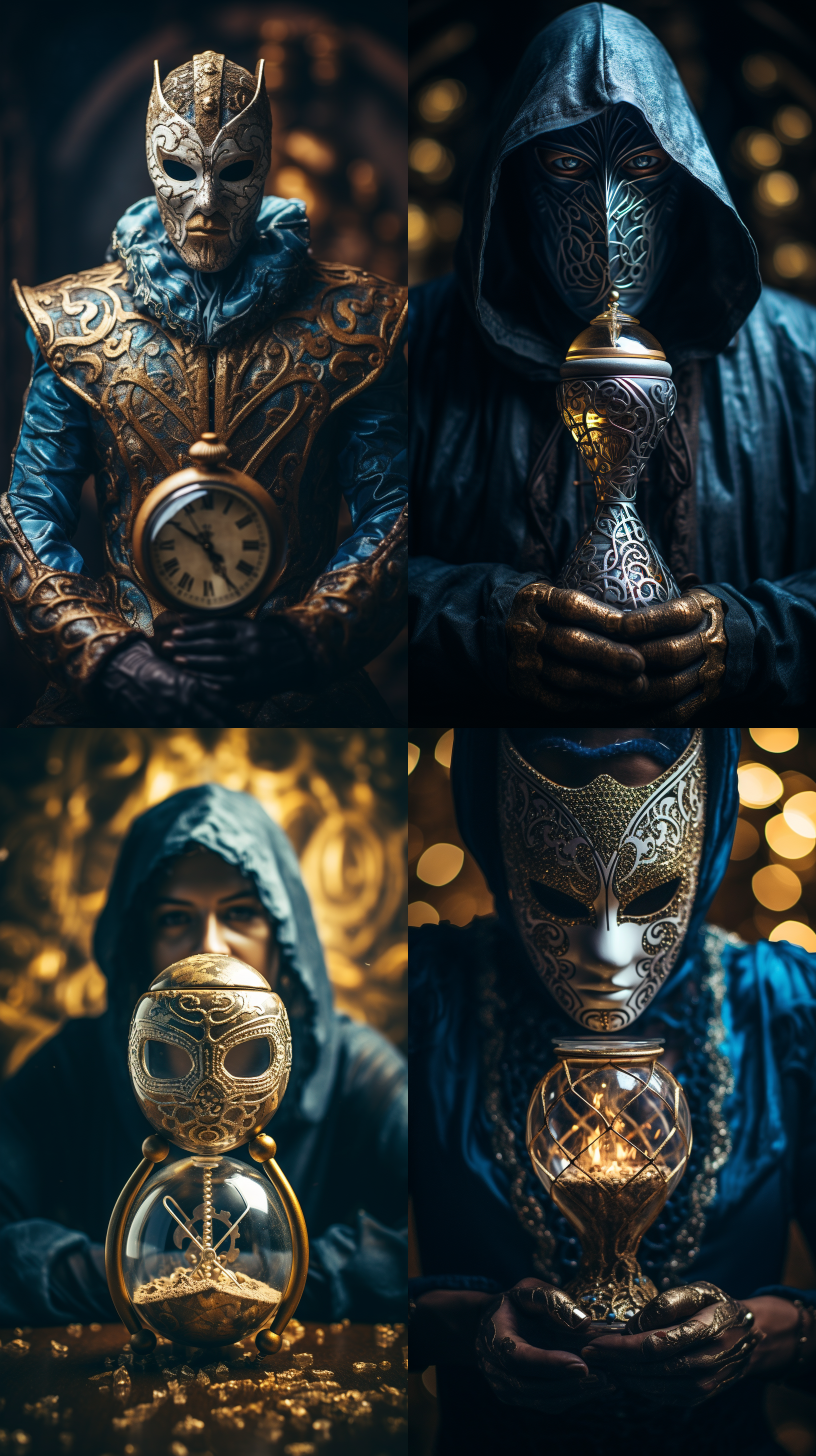 神秘面具人手持现代与复古融合的计时沙漏，特写镜头，神秘，侧面低角度拍摄，暗角效果，复古滤镜，高光细节，深邃眼神，静谧氛围，时间流逝象征。