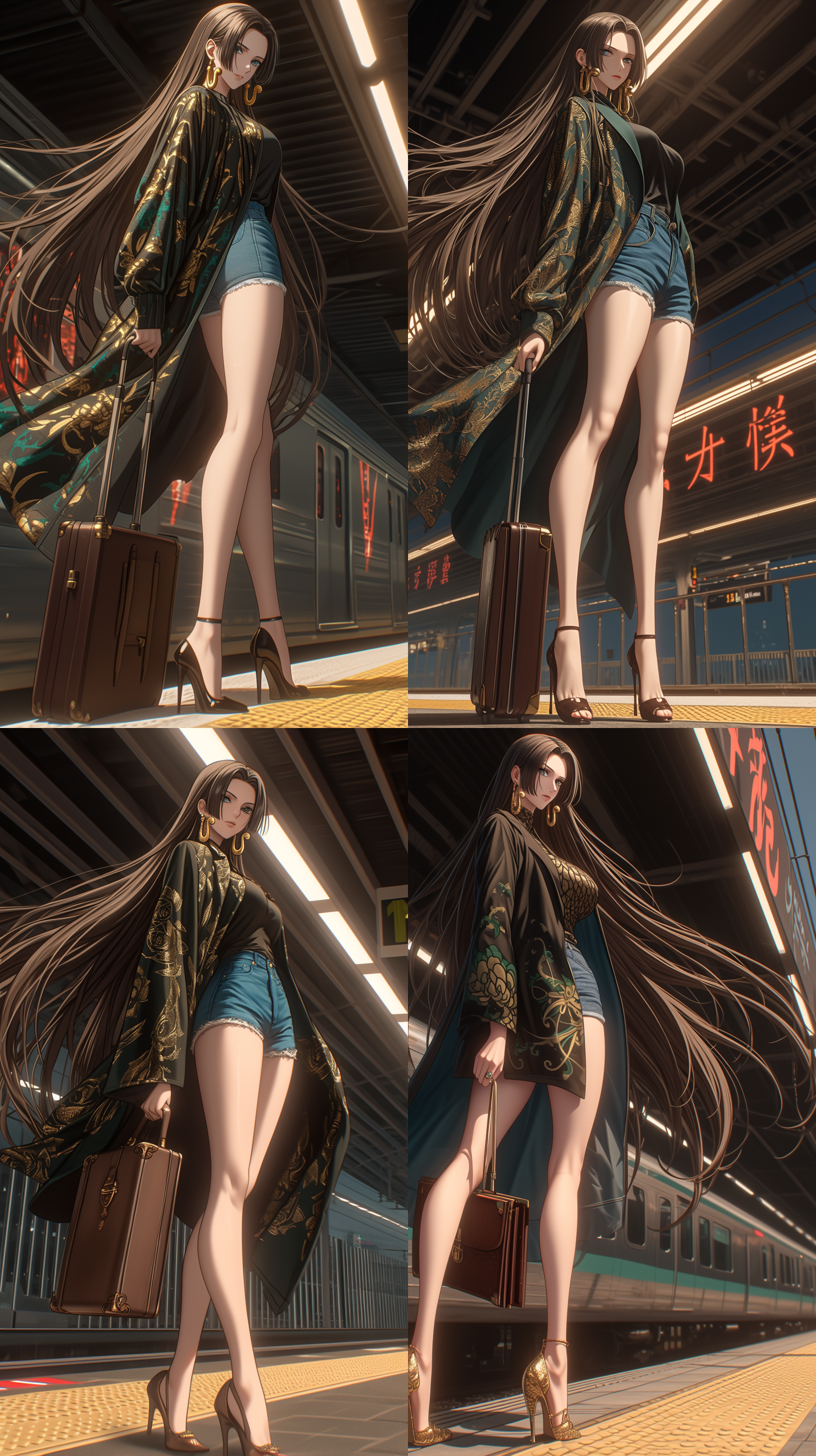海贼王·女帝·波雅·汉库克，站立，手提公文包，开衫衣，牛仔短裤，地铁站，大长腿，高跟鞋，超级细节，追求细节，优雅气质，8k， 腰部以上