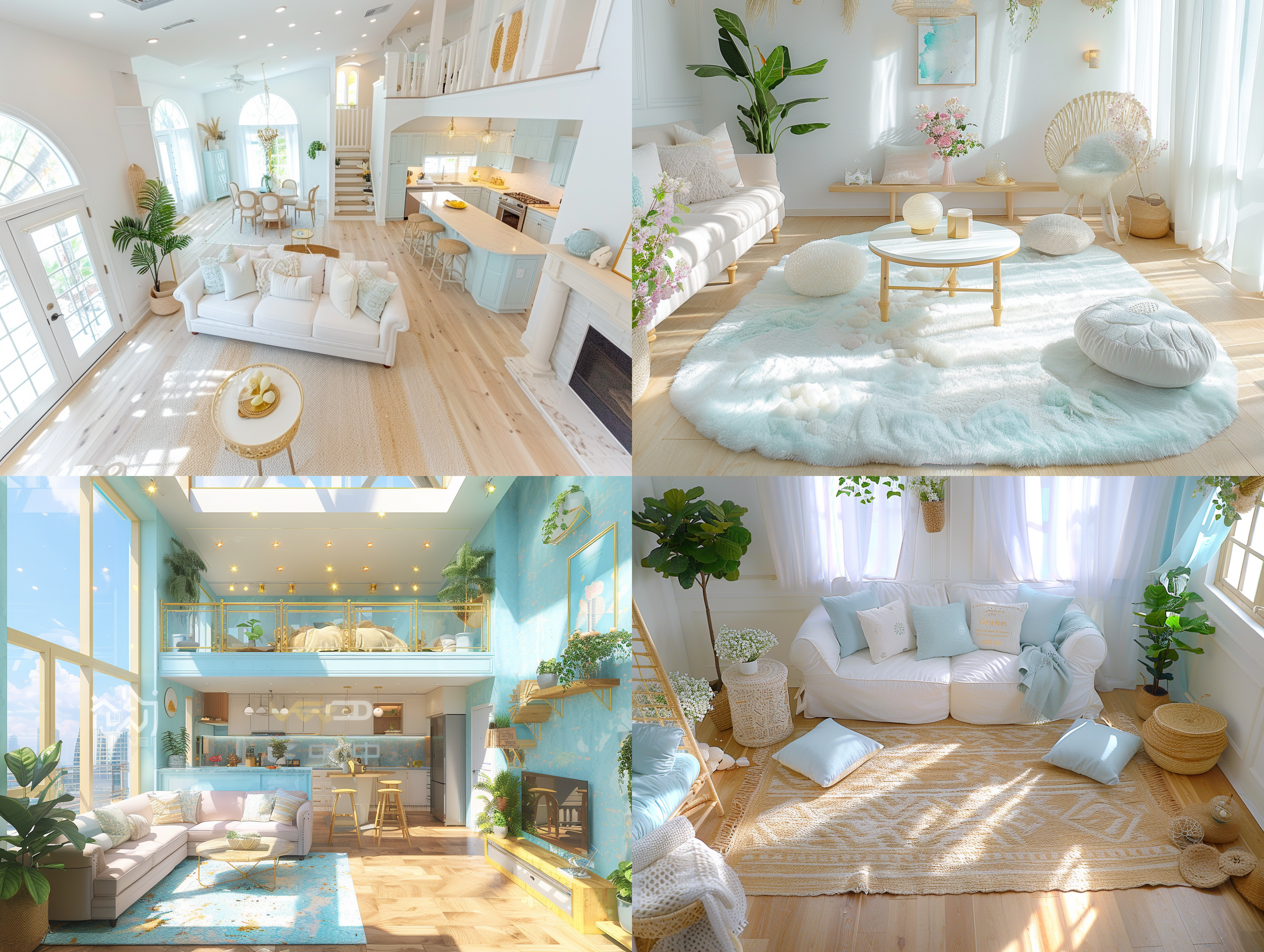 鸟瞰室内场景，全景视角，现代家居，自然光，广角镜头，清晰细节，中性色调，和谐布局，静谧氛围，生活气息。 粉彩色室内