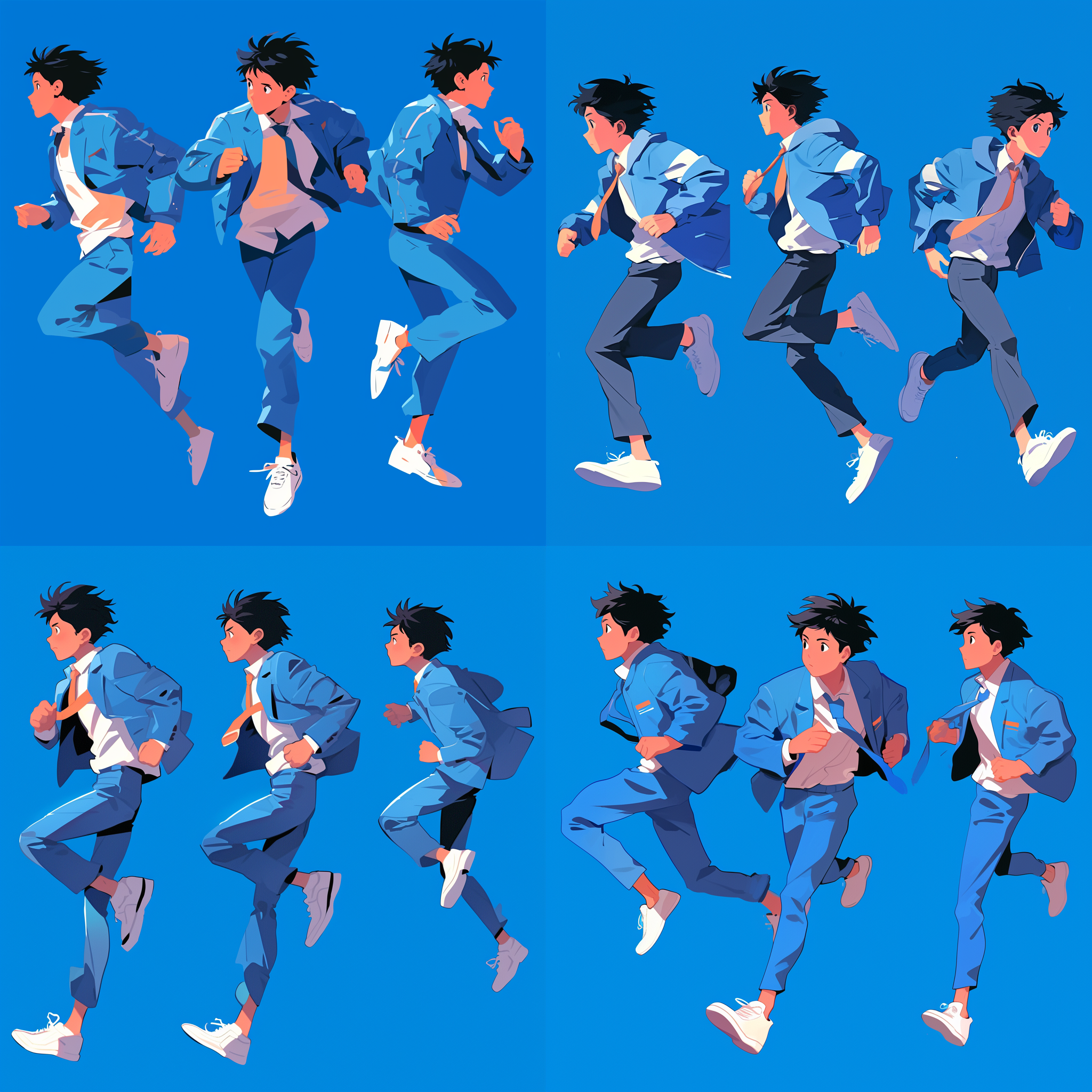 男孩跑步连贯动作，侧视图，极简线条，色块构成，动漫能量，概念艺术，高宽比3:1，动漫模型5，风格化100，动态姿势，流畅线条，鲜明对比，活力四射，快速移动，连续性表现，简洁背景，焦点突出，色彩鲜明，动感十足。
