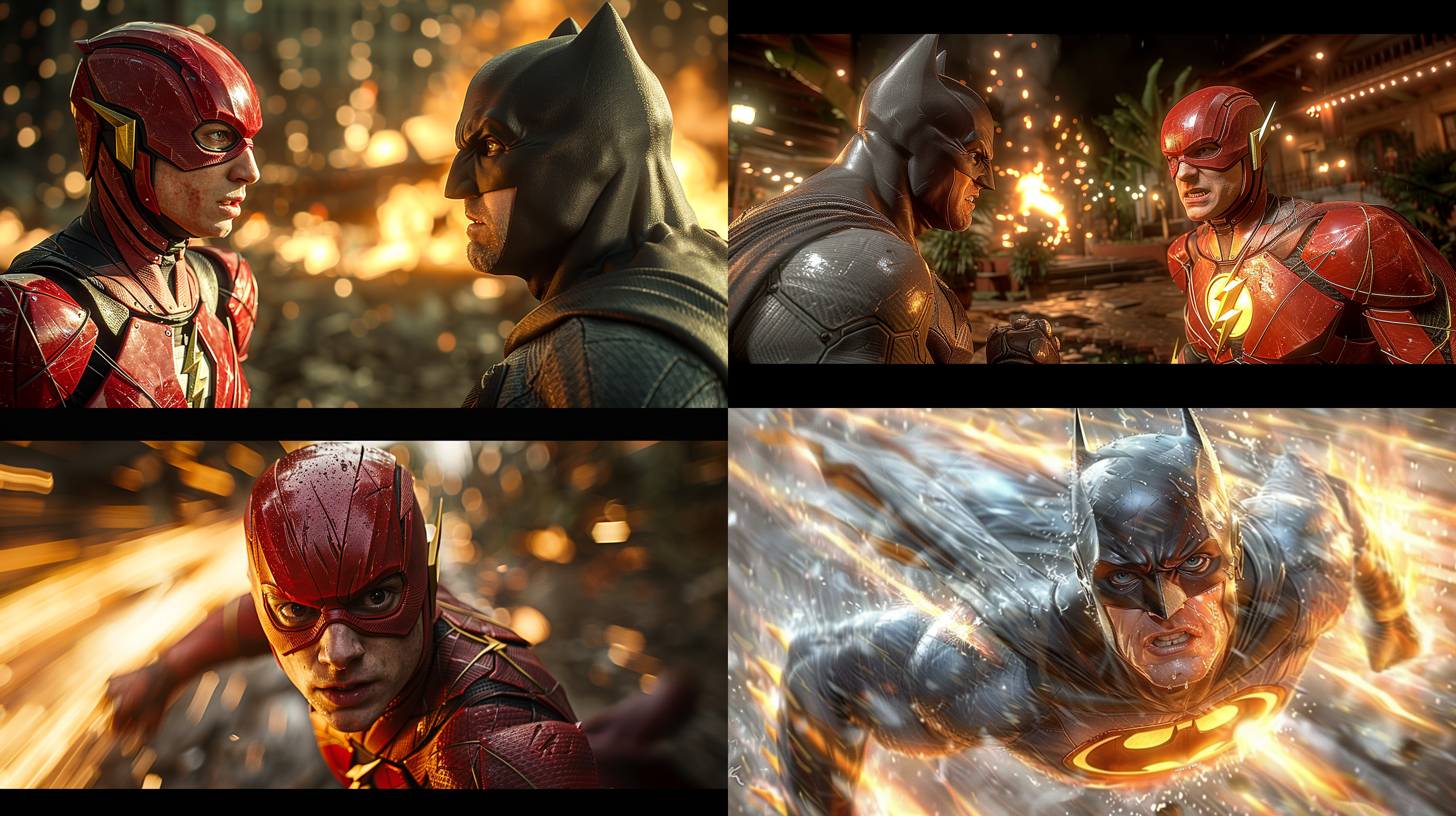 闪电侠揍飞蝙蝠侠，动作连贯，城市楼道背景，4k电影视觉，动态模糊，低角度拍摄，强烈逆光，高速快门，红色闪电特效，黑色披风飘扬，紧张对决，冷暖色调对比。