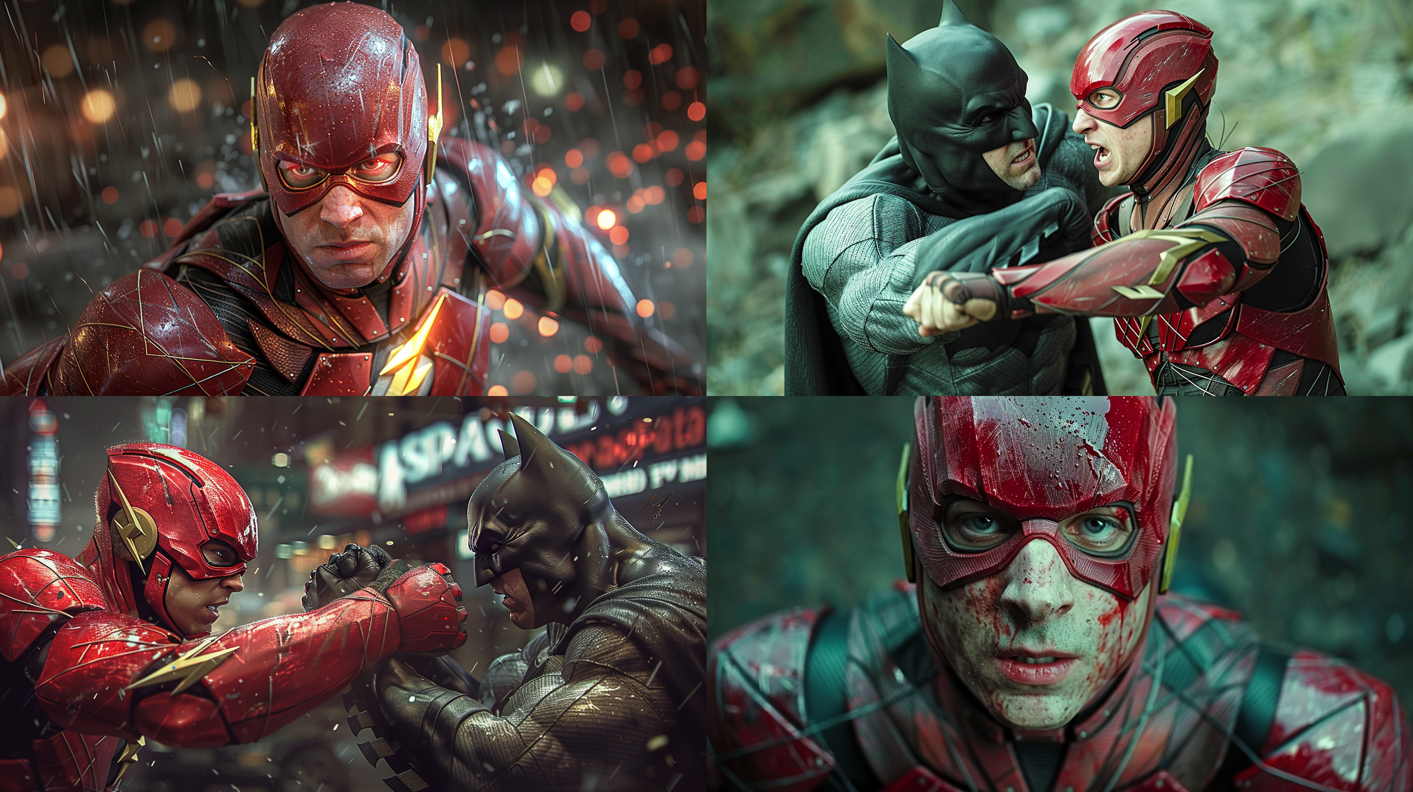 闪电侠揍飞蝙蝠侠，在城市楼道，