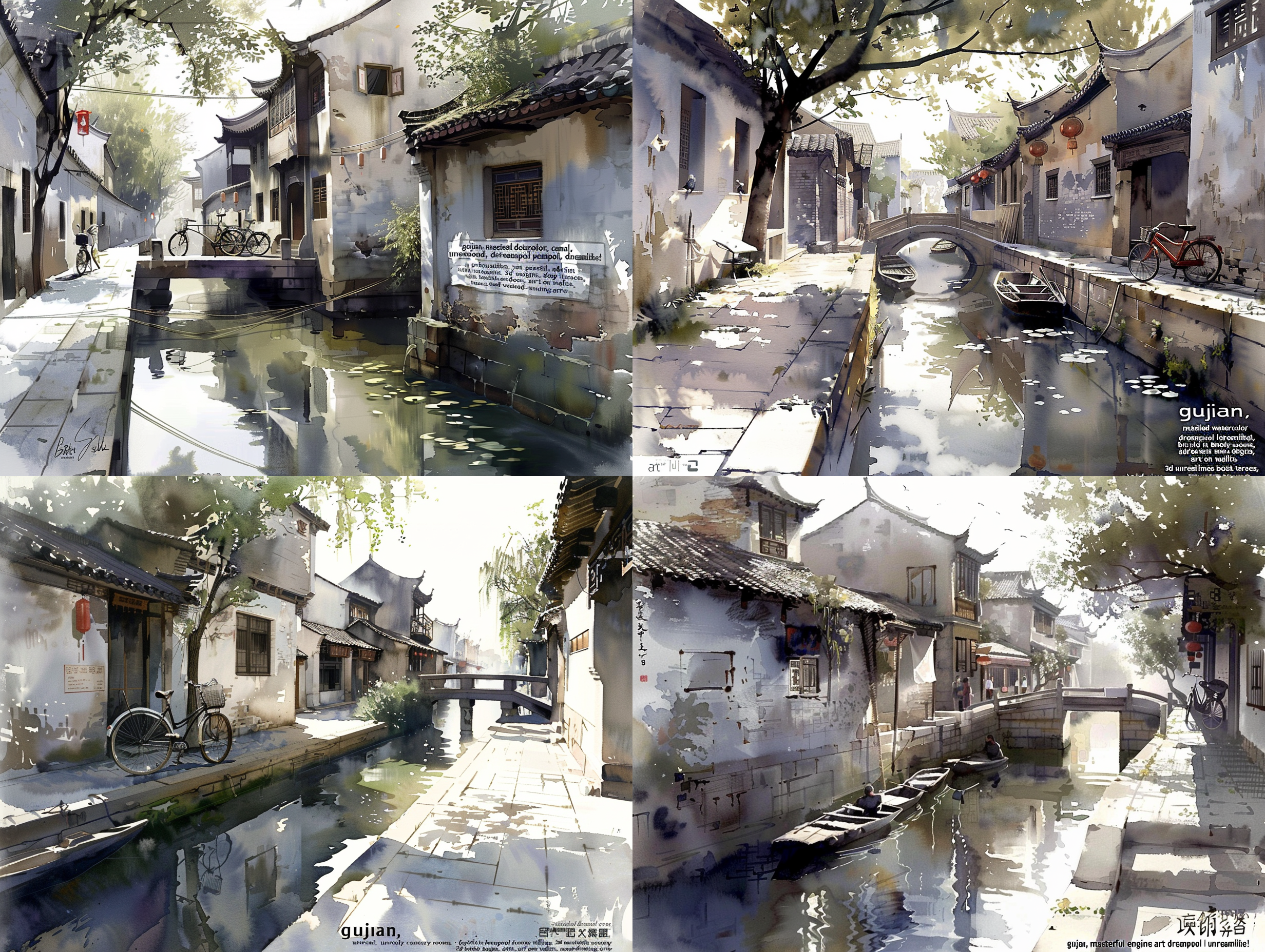 gujian, masterful detailed watercolor, canal, unreal engine art, dreampool rooms, dreamlike!, bicycle in background, lonely scenery yet peaceful!!, adrian wilkins, 3d unreal engine, deep lines and shadows, art on walls, boats, terraces, award-winning artwork, inspired by harrison fisher 水彩 全景 莫兰迪色 阳光照射