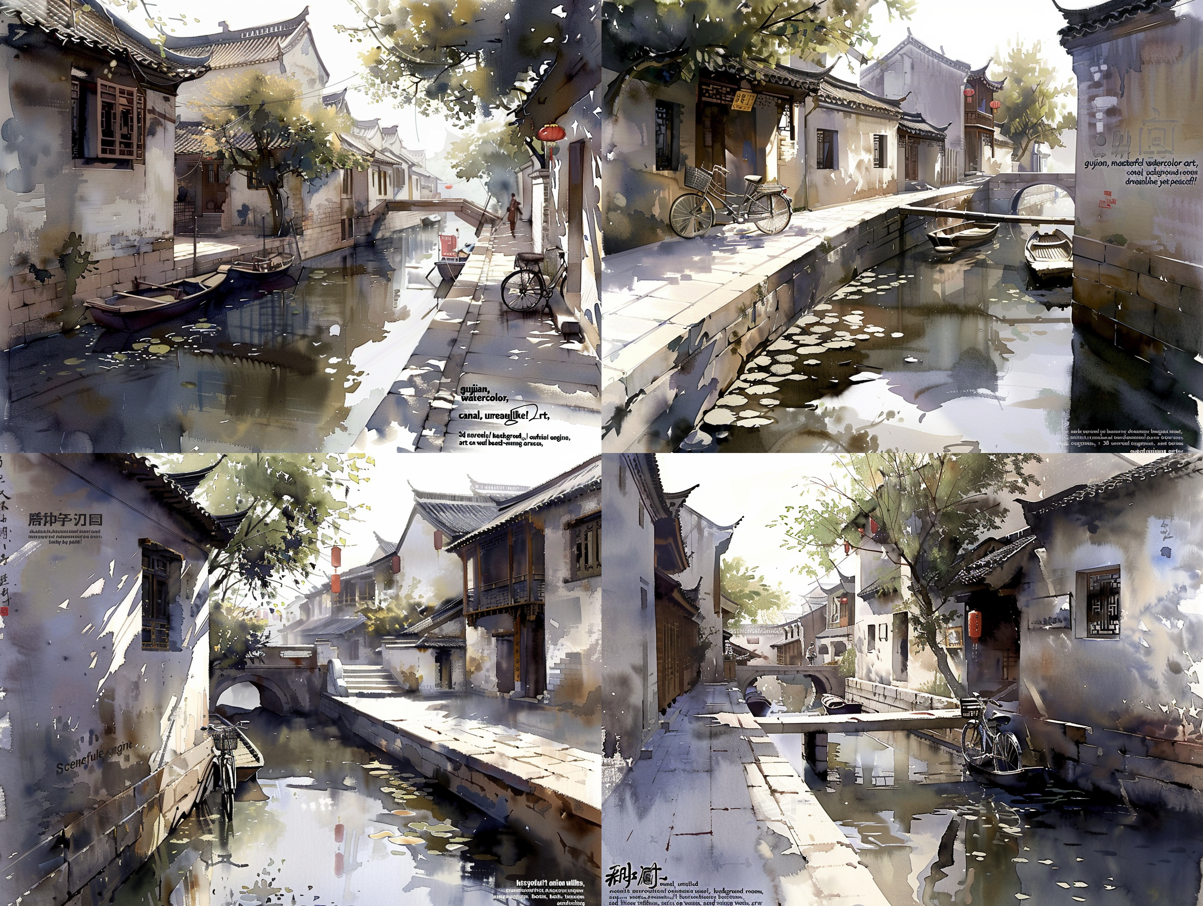 gujian, masterful detailed watercolor, canal, unreal engine art, dreampool rooms, dreamlike!, bicycle in background, lonely scenery yet peaceful!!, adrian wilkins, 3d unreal engine, deep lines and shadows, art on walls, boats, terraces, award-winning artwork, inspired by harrison fisher 水彩 全景 莫兰迪色 阳光照射