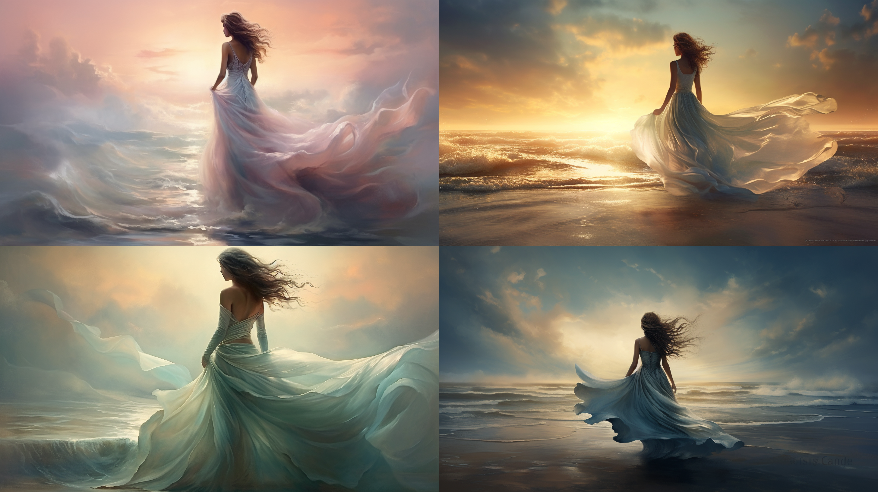 这是水天一色的世界，迎面走来一位女性，浓而密的长发，随风飘动，她的长裙如同清晨飘渺的薄雾，精致而美丽，