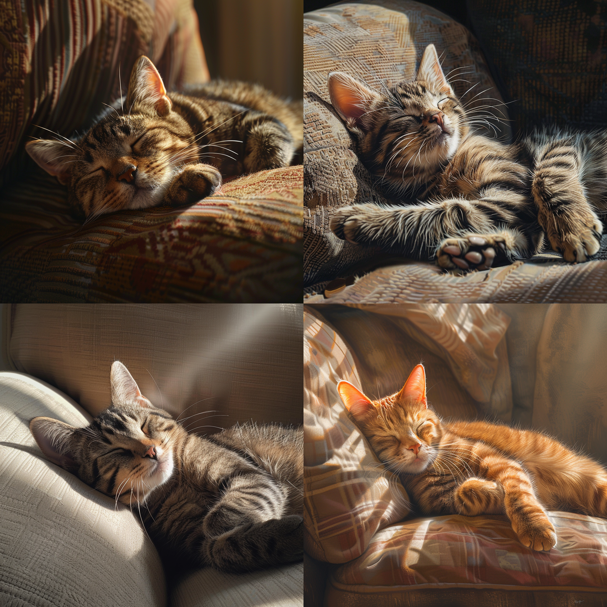 可爱的花猫猫咪趴在沙发上打盹，睡姿可爱，古怪，阳光光线，室内真实光线，写实，现实风格，超高清