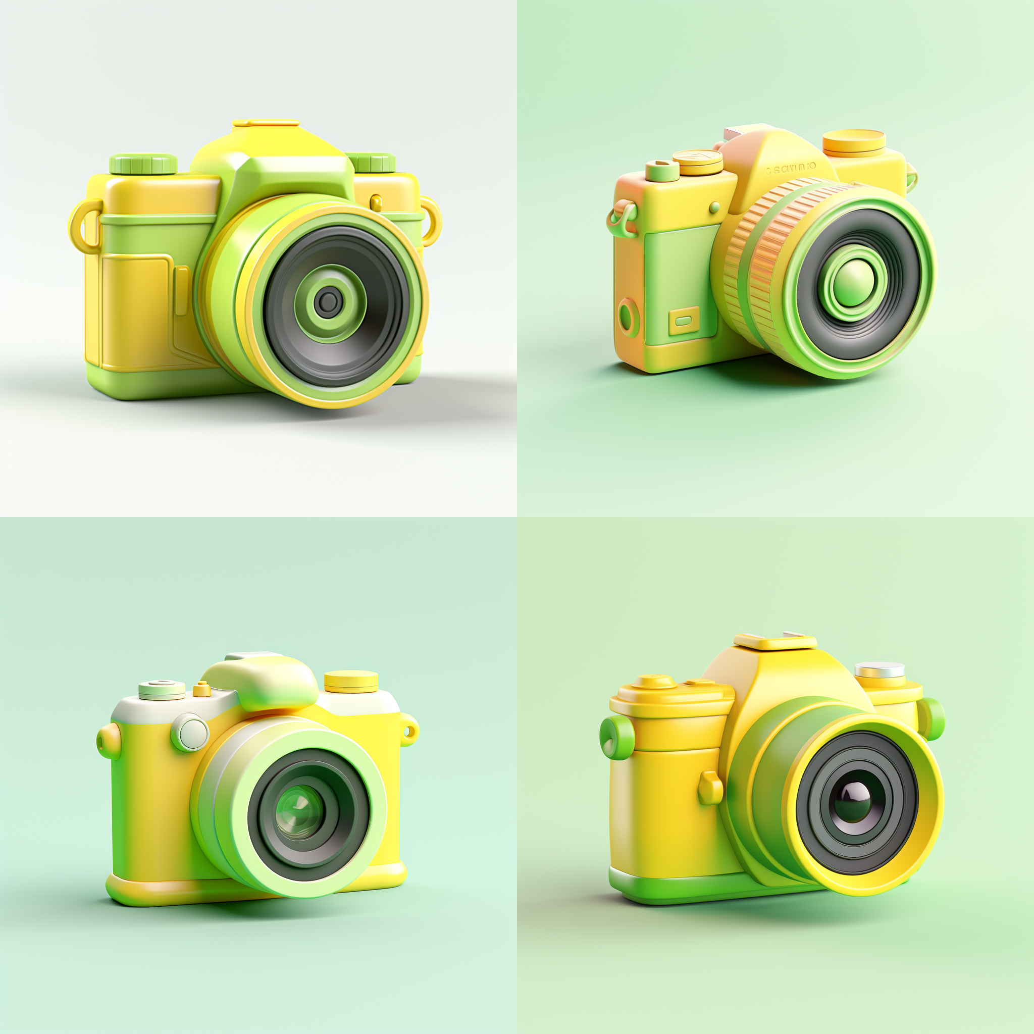 3d相机图标，可爱极简主义，哑光黄绿色渐变，白色背景，超现实主义细节，8k分辨率，低饱和度，柔和光线，平面设计风格，立体感，简洁线条，清新色彩，视觉焦点。