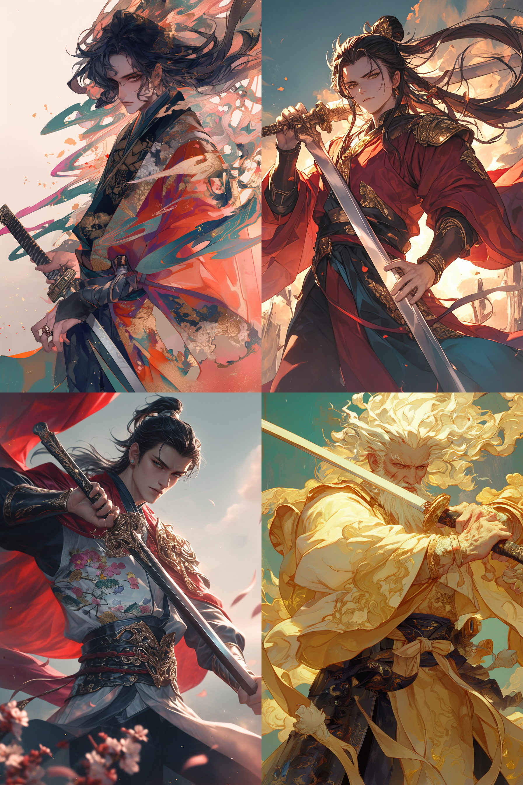 脚踏七彩祥云的侠客，执剑而行，英俊潇洒