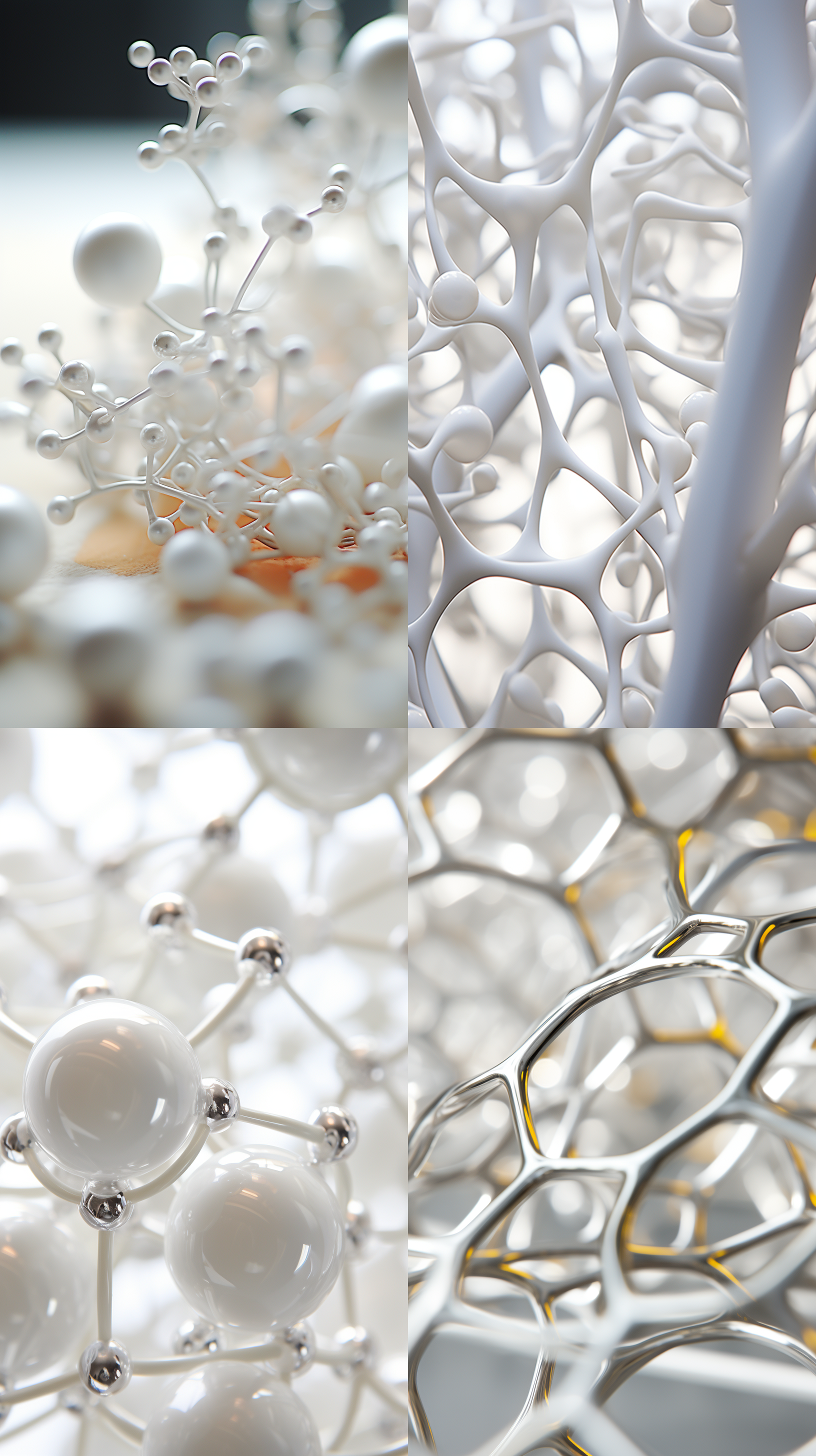 细胞分子结构，科技圆球，鱼子酱圆球，白色底色，微距镜头，高清晰度，冷色调，立体感，光影对比，科技感，精密排列，神秘氛围。