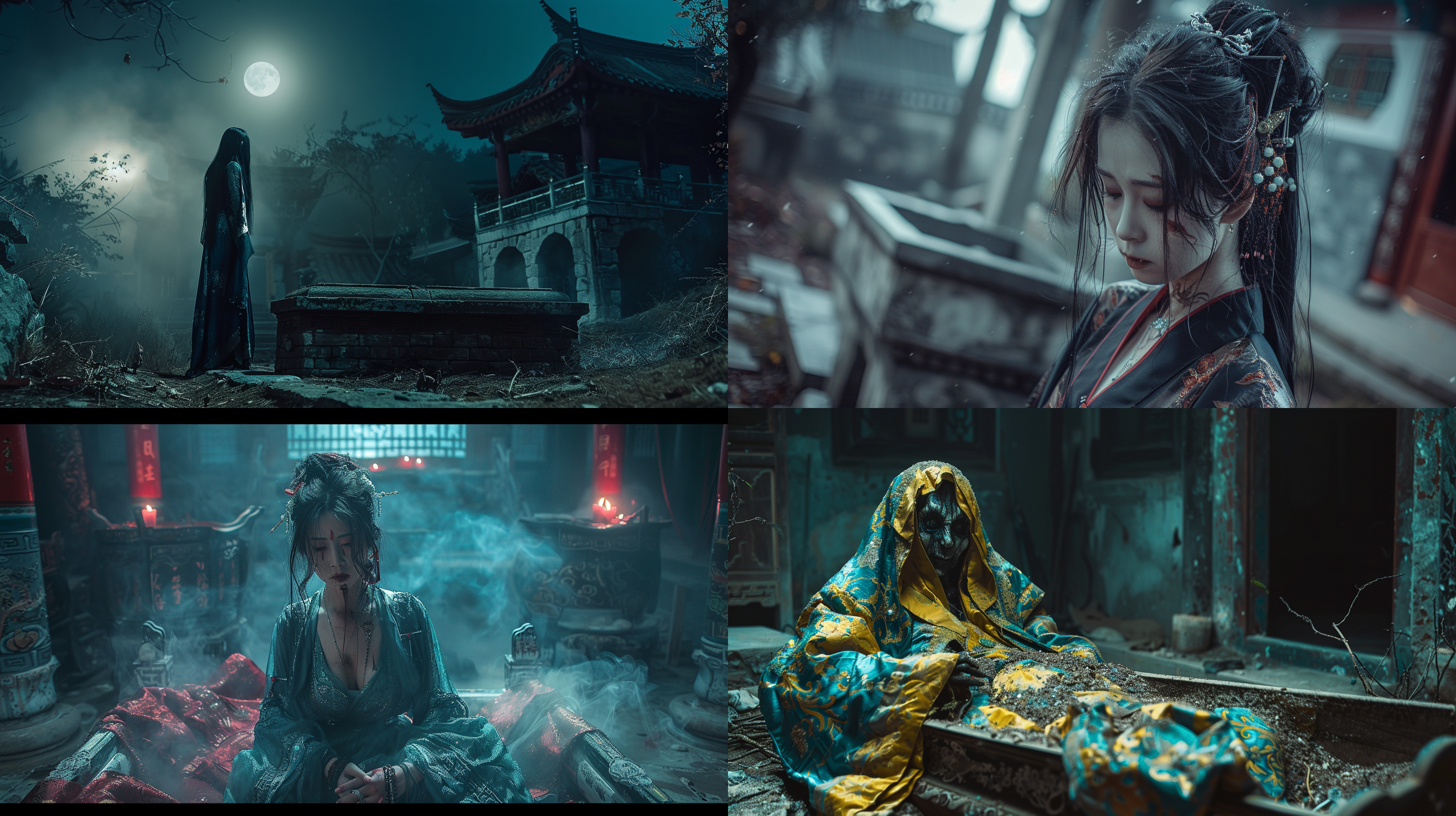 chinese zombie, taoist, lin zhengying, night, horror, charm, taoist robe, female ghost, qing dynasty clothing, coffin, 4k, hd