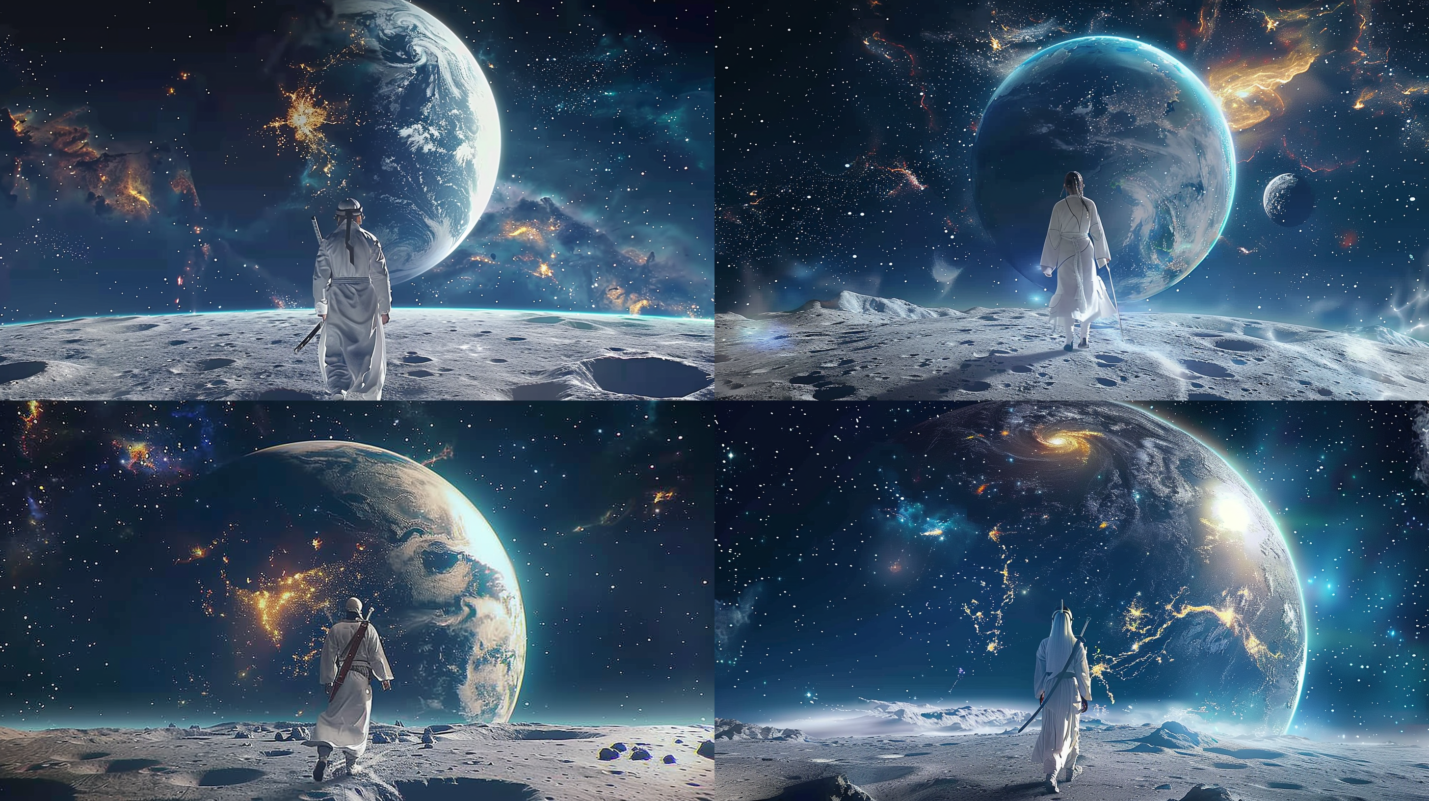 李白穿越星际，科幻风格，宇宙背景，星云流动，李白古装飘逸，手持长剑，仰望星空，表情深邃，长曝光，低光环境，冷色调，超现实，梦幻，探索。