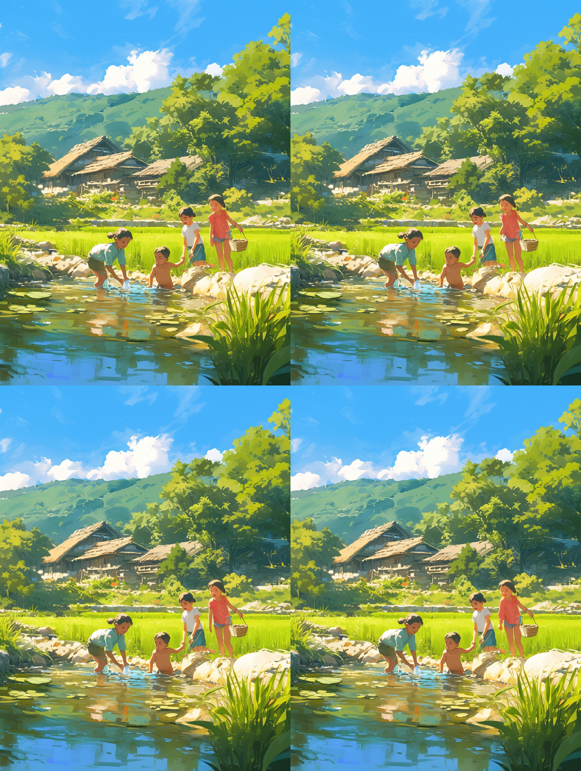 阳光明媚背景，三个小孩在小溪边玩耍，村庄，稻田，蔚蓝色，实景拍摄，背景中有几栋中式房屋，童年，自然光，广角镜头，柔和色调，平静表情，动态捕捉，细节丰富，怀旧情感。 鸟山明
