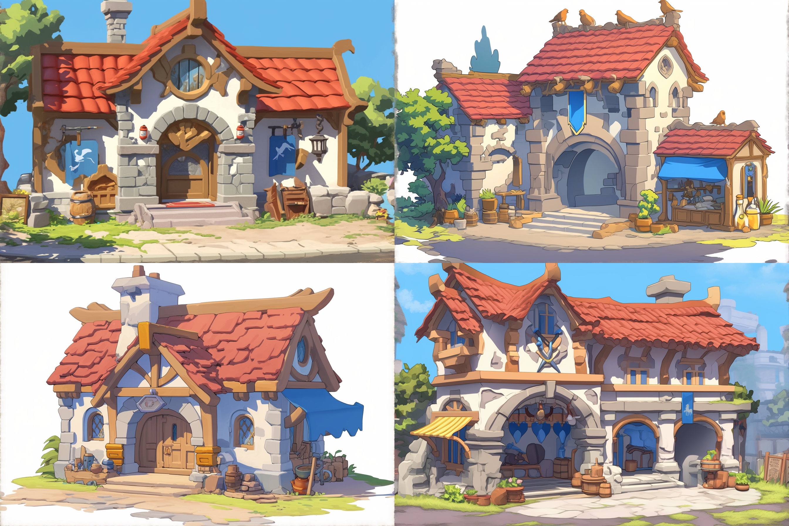 中世纪时代，q版卡通欧式单体建筑，军团的商店，石头墙面，石头柱子，大面积敞开式商店，横版构图，单个建筑，背景是空白色