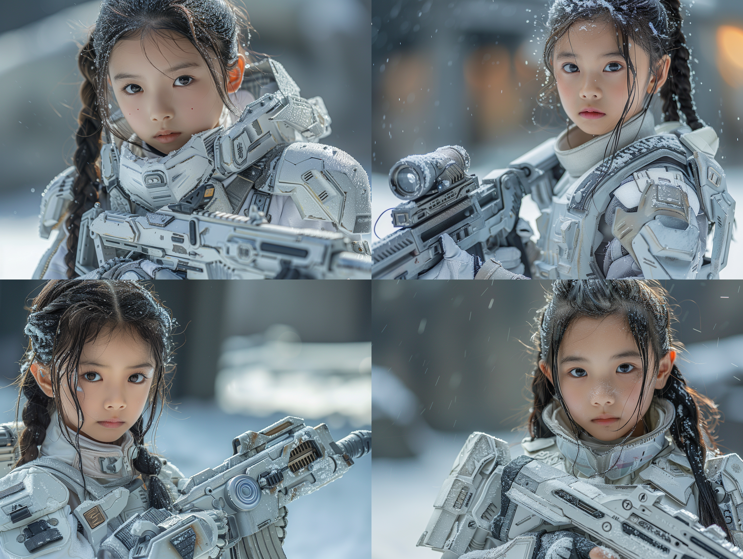 女孩子。来自中国上海，可爱，13岁，穿着盔甲，拿着机枪，现代版花木兰