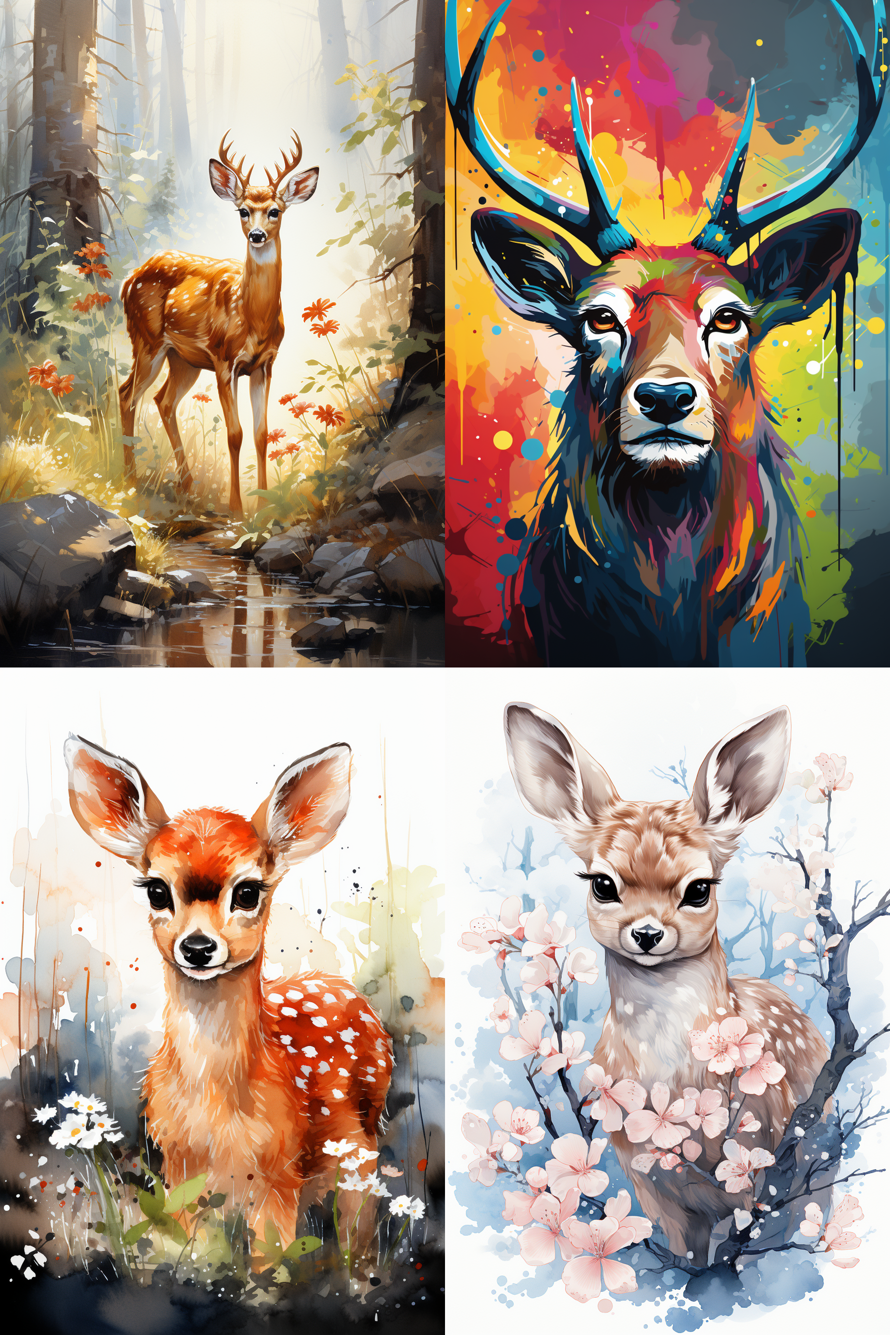 梅花鹿正面头像，中国画风格，多彩红黄蓝，笔触奔放，画质细腻，高清晰，传统与现代结合，水墨渲染，细节丰富，色彩鲜明，动态捕捉，静中有动。