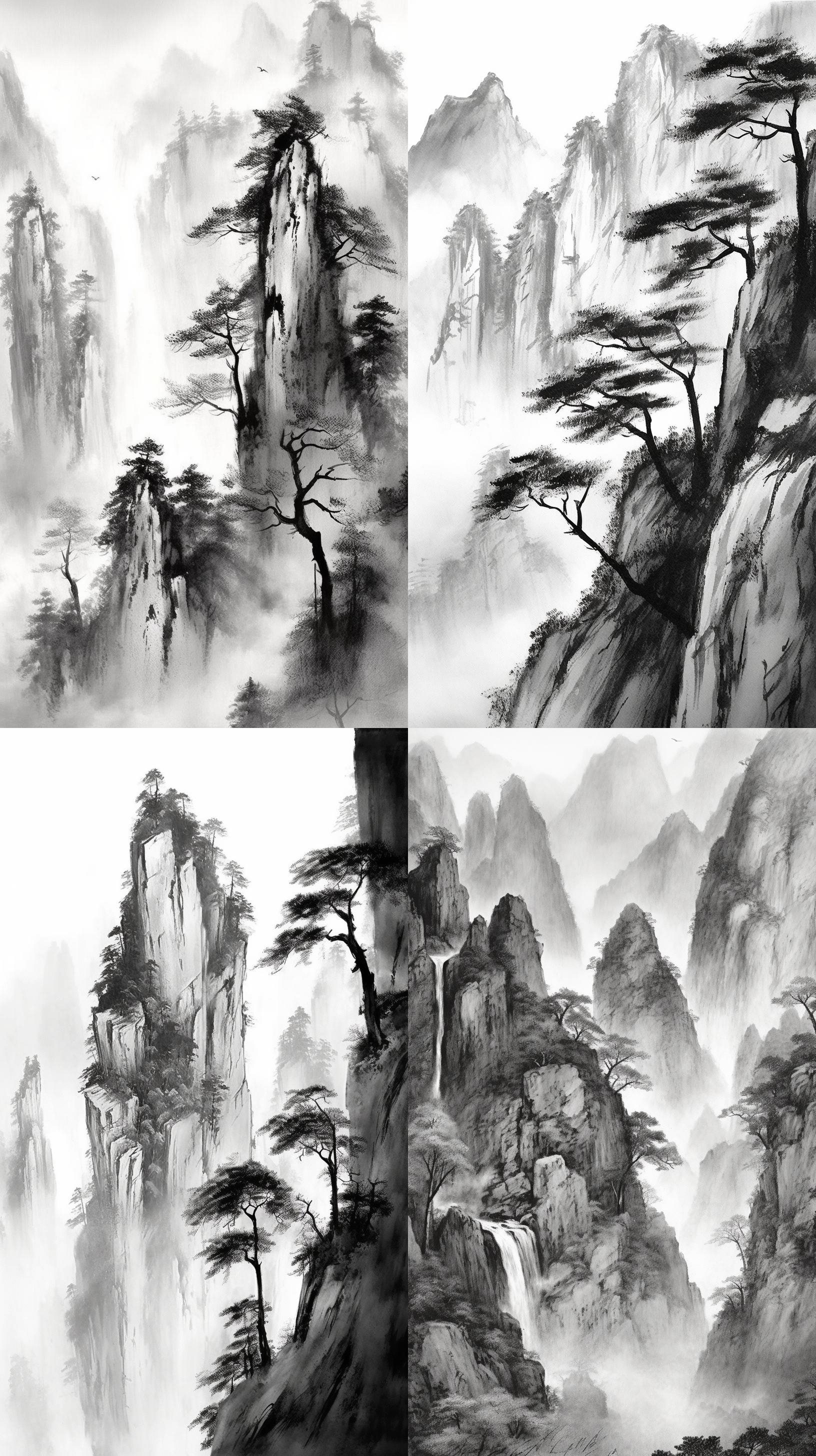 丛山峻岭，松树挺立，云雾缭绕，瀑布飞泻，中国水墨画风格，绢本材质，黑白灰色调，层次分明，高画质，背景留白，细节精致，静谧氛围，古朴美感，细腻笔触。