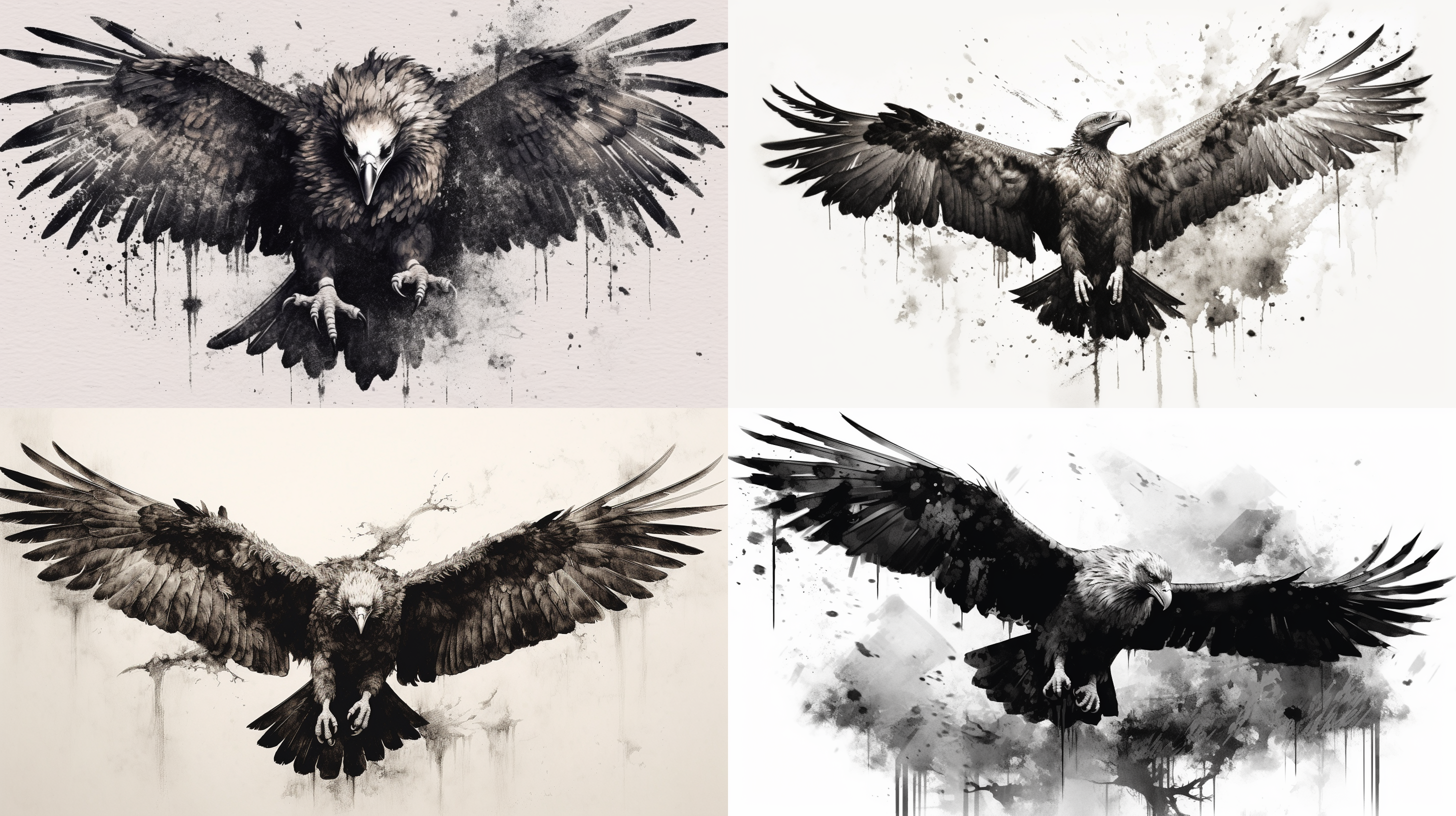 秃鹫正面飞来，泼墨写意中国画，对称构图，黑白灰调，气势大，层次分明，高画质，背景留白，古朴美，柔和光线，雄壮姿态。